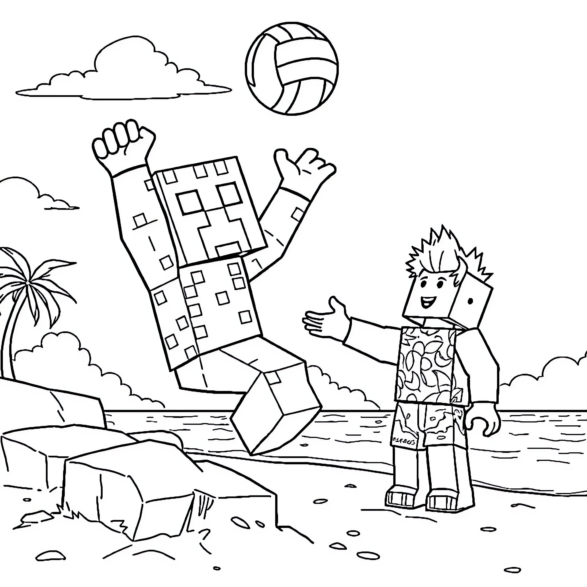 Creeper enjoys playing volleyball on the beach Coloring Page (free black-and-white line drawing printable PDF for all, from beginners to advanced learners, including children, teens, adults, and seniors)