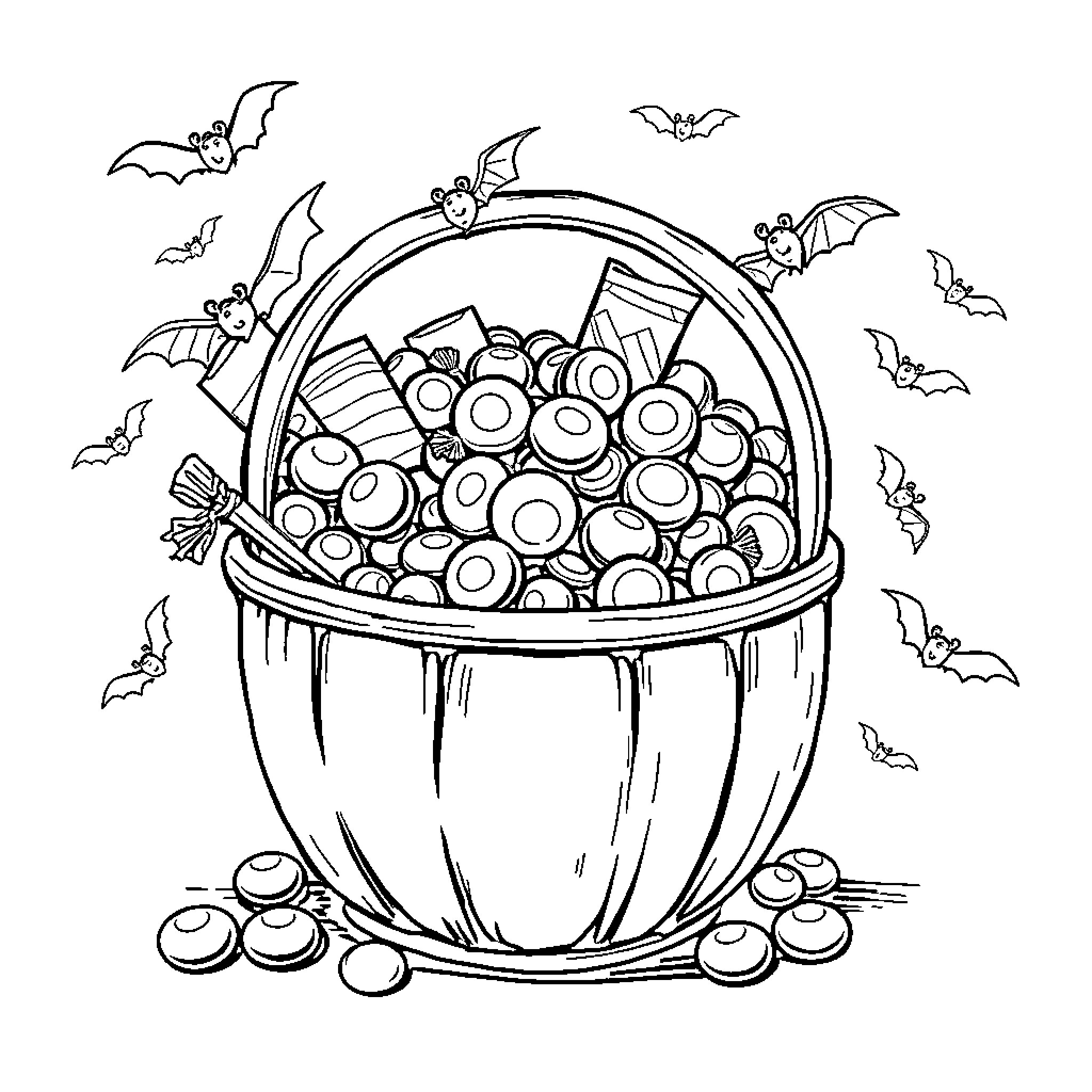 Candy Bucket filled with spooky treats and bats Coloring Page (free black-and-white line drawing printable PDF for all, from beginners to advanced learners, including children, teens, adults, and seniors)