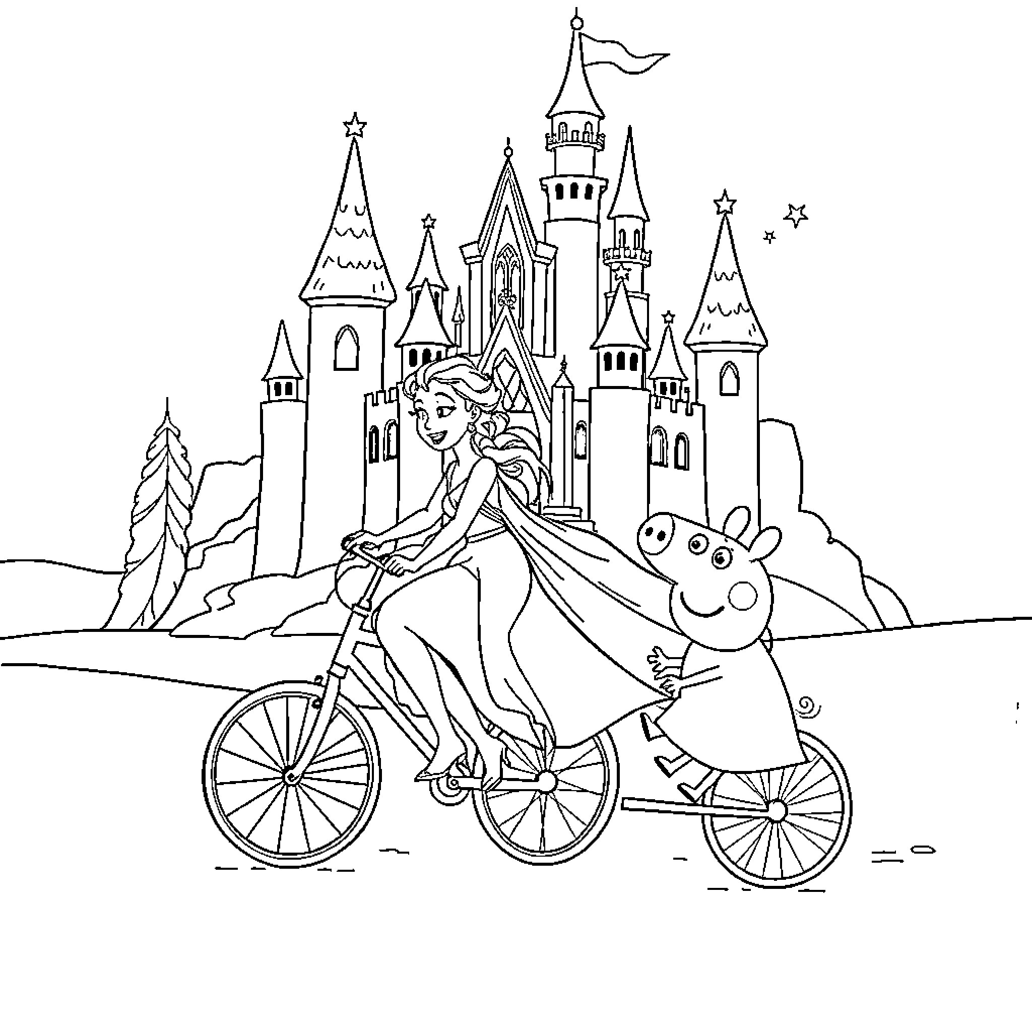 Elsa's Enchanted Bicycle Ride through the Magical Kingdom Coloring Page (free black-and-white line drawing printable PDF for all, from beginners to advanced learners, including children, teens, adults, and seniors)
