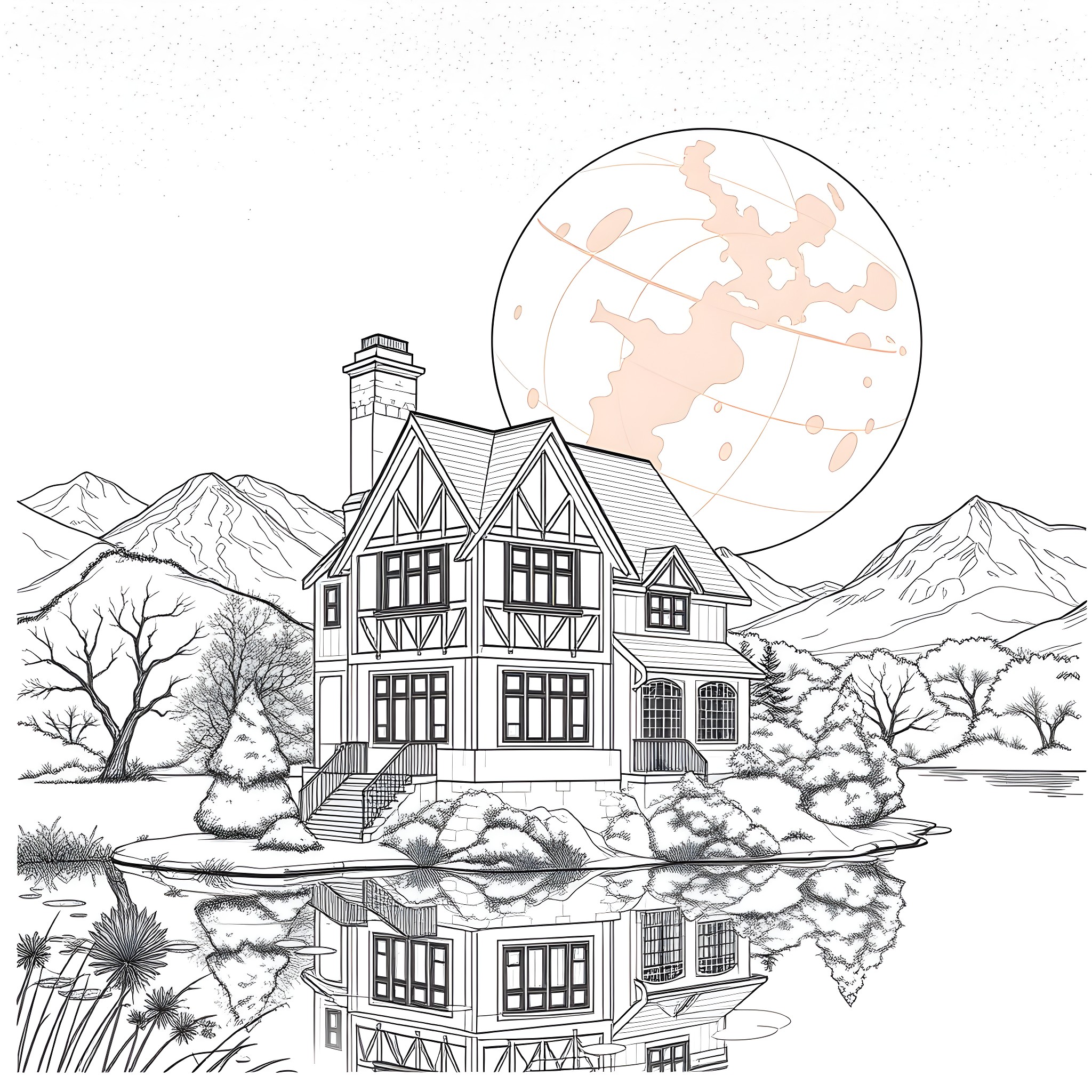 House Reflecting in Lake on Snowy Night Coloring Page (free black-and-white line drawing printable PDF for all, from beginners to advanced learners, including children, teens, adults, and seniors)