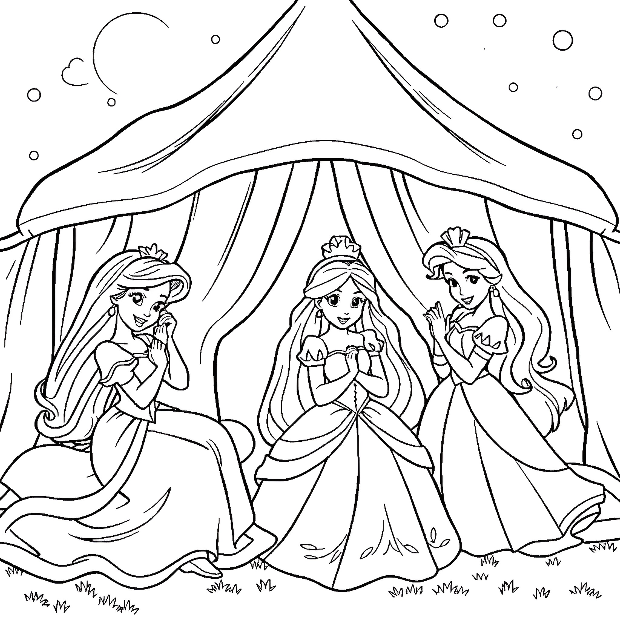 Disney Princesses in a Magical Setting Coloring Page (free black-and-white line drawing printable PDF for all, from beginners to advanced learners, including children, teens, adults, and seniors)