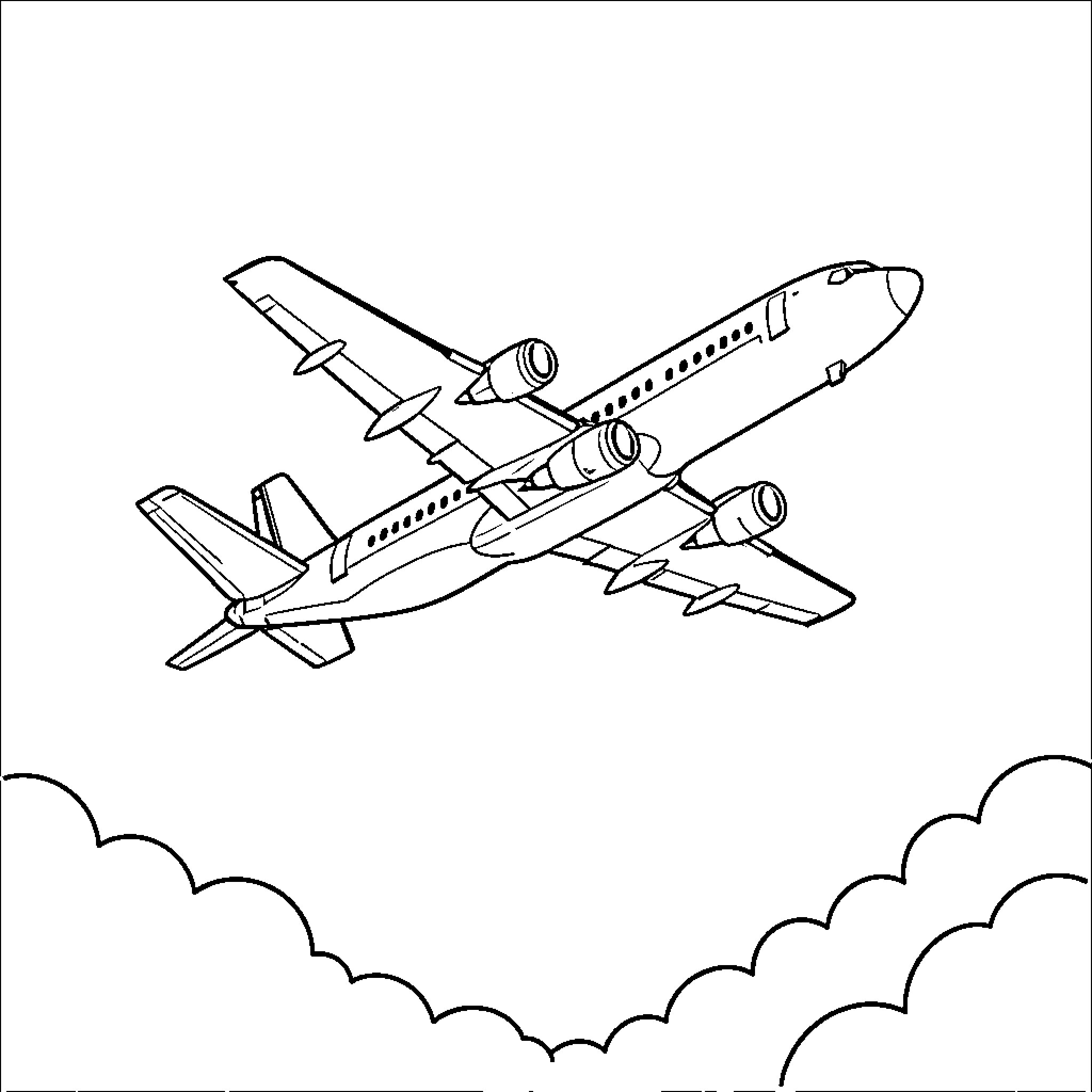 Airplane taking off among clouds Coloring Page (free black-and-white line drawing printable PDF for all, from beginners to advanced learners, including children, teens, adults, and seniors)