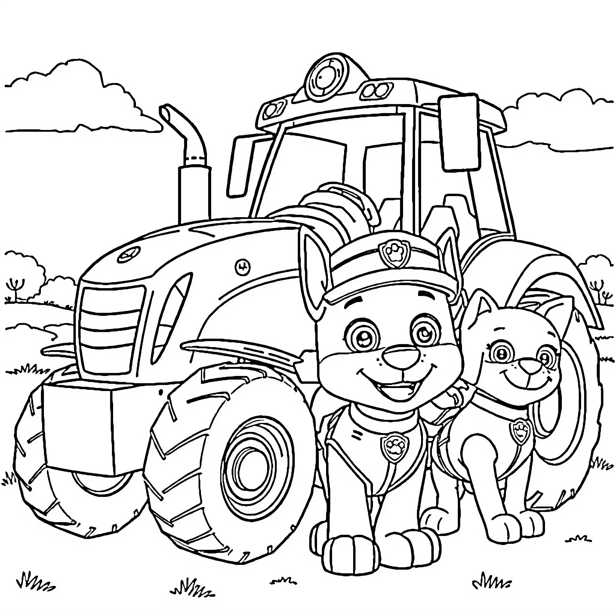 Paw Patrol's Pups Exploring a Tractor Coloring Page (free black-and-white line drawing printable PDF for all, from beginners to advanced learners, including children, teens, adults, and seniors)