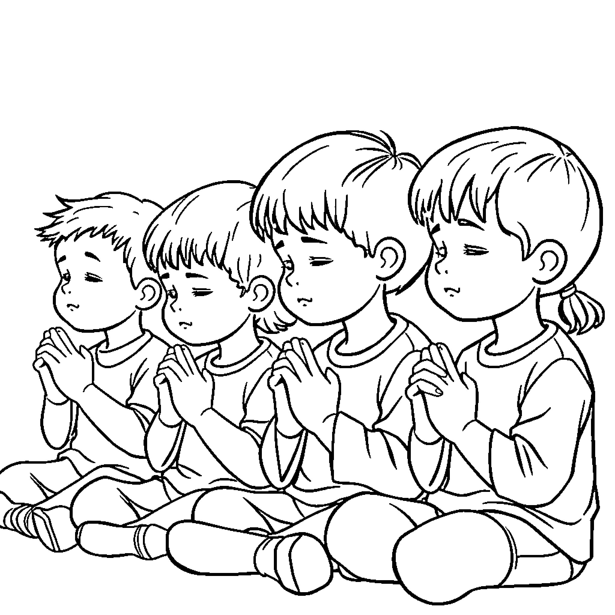 Kids praying together in a group Coloring Page (free black-and-white line drawing printable PDF for all, from beginners to advanced learners, including children, teens, adults, and seniors)