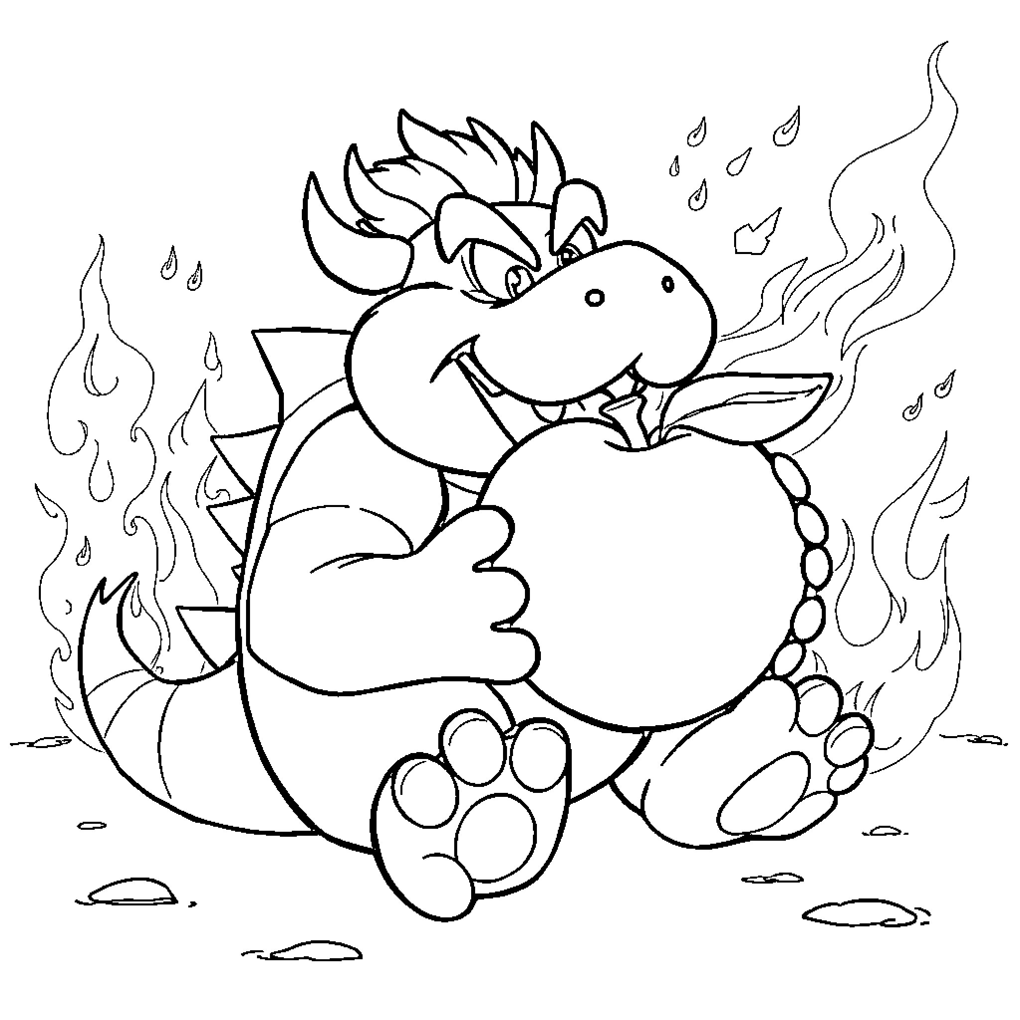 Bowser Enjoying a Fiery Snack Coloring Page (free black-and-white line drawing printable PDF for all, from beginners to advanced learners, including children, teens, adults, and seniors)
