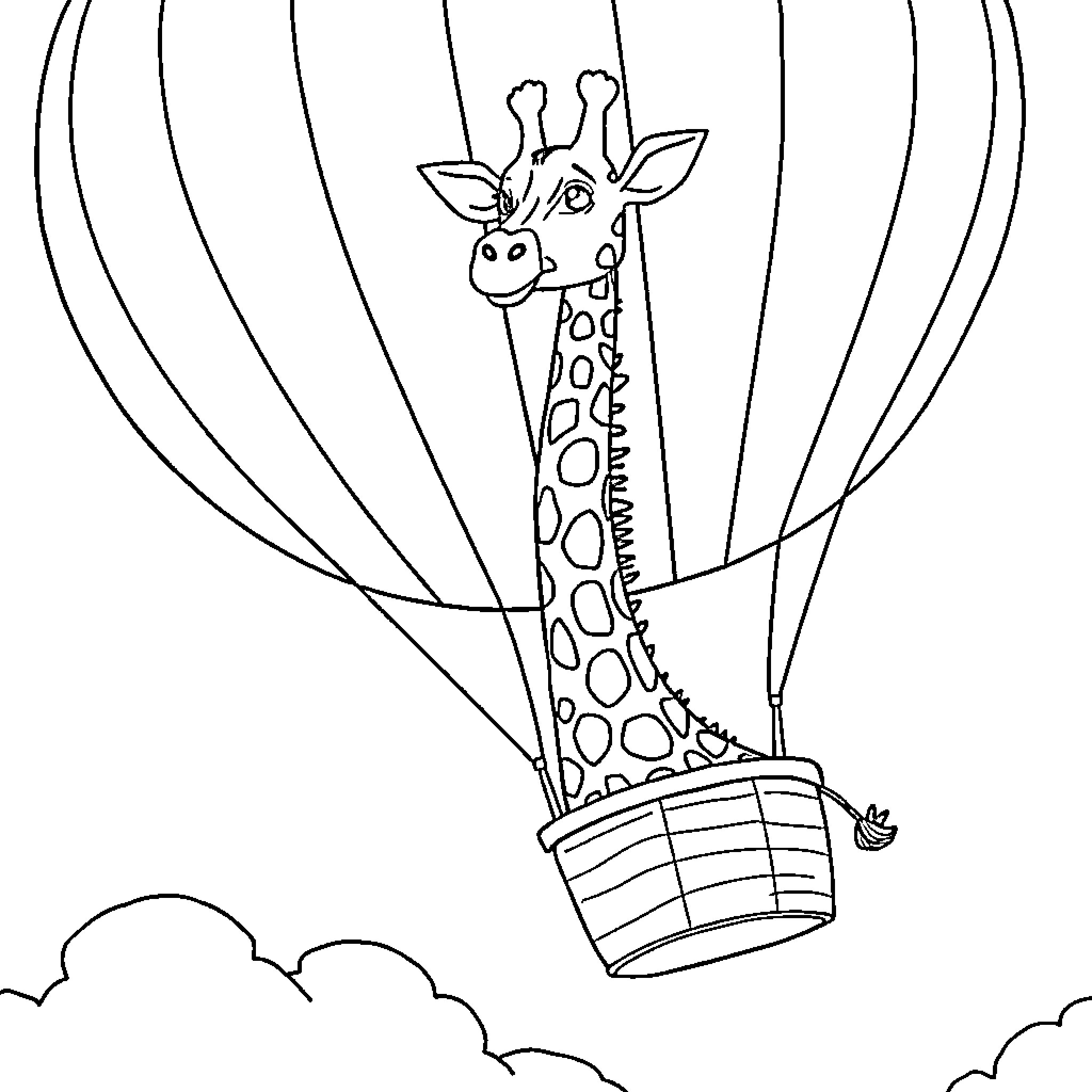 Giraffe riding hot air balloon in the sky Coloring Page (free black-and-white line drawing printable PDF for all, from beginners to advanced learners, including children, teens, adults, and seniors)