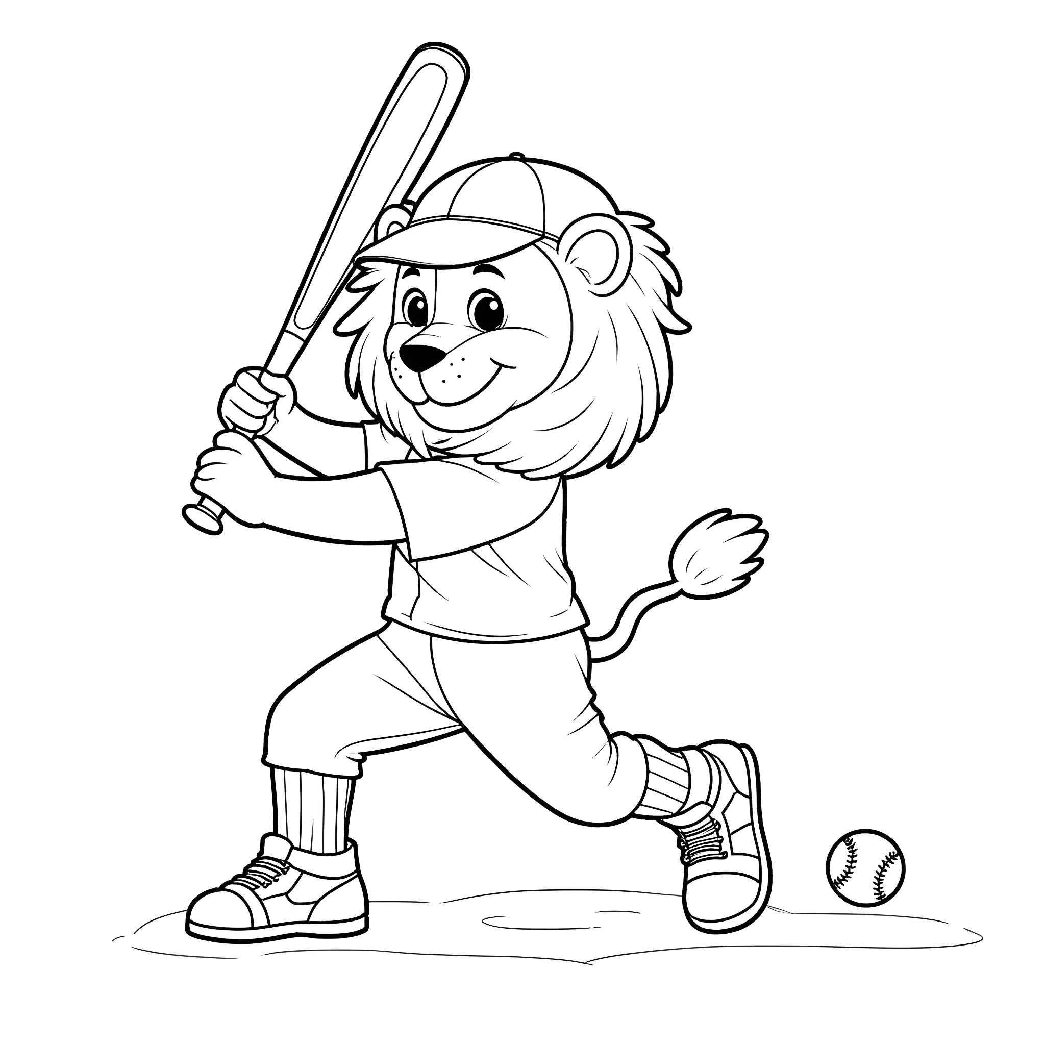 Lion baseball player swinging bat and running Coloring Page (free black-and-white line drawing printable PDF for all, from beginners to advanced learners, including children, teens, adults, and seniors)