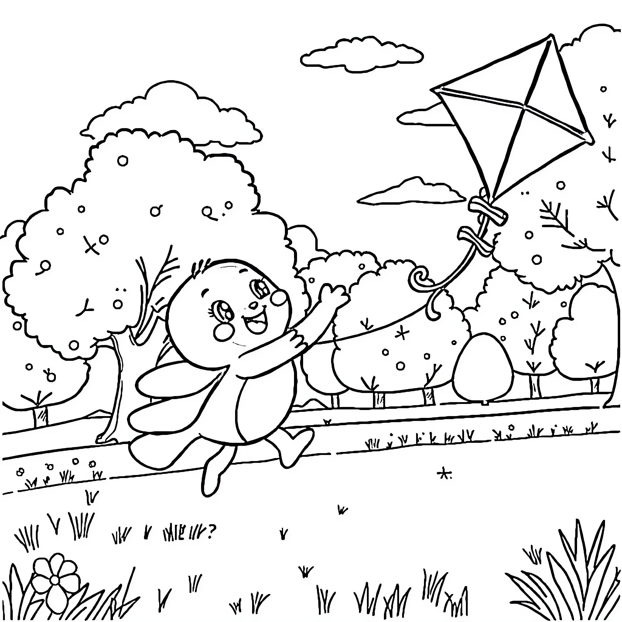 Bluey playing outdoors with kite in nature Coloring Page (free black-and-white line drawing printable PDF for all, from beginners to advanced learners, including children, teens, adults, and seniors)