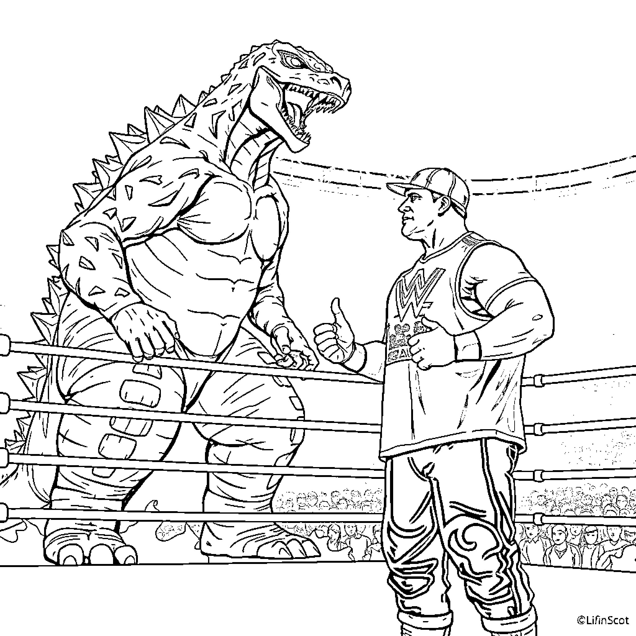 John Cena battles the ferocious dinosaur in the wrestling ring Coloring Page (free black-and-white line drawing printable PDF for all, from beginners to advanced learners, including children, teens, adults, and seniors)