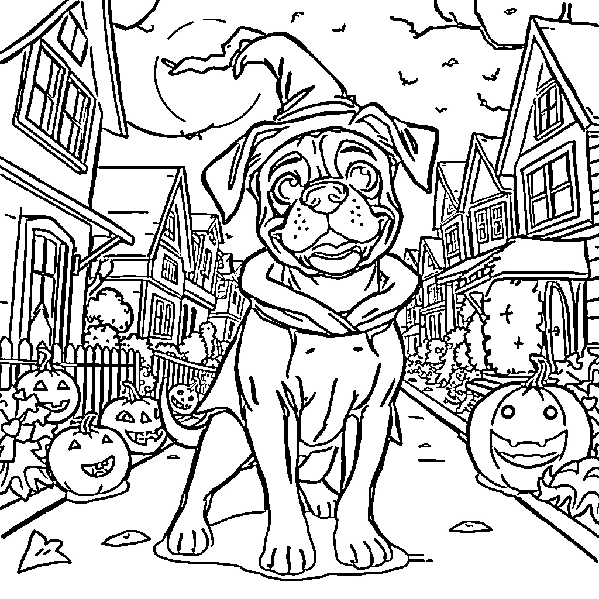 Boxer dog dressed in Halloween costume on spooky city street Coloring Page (free black-and-white line drawing printable PDF for all, from beginners to advanced learners, including children, teens, adults, and seniors)