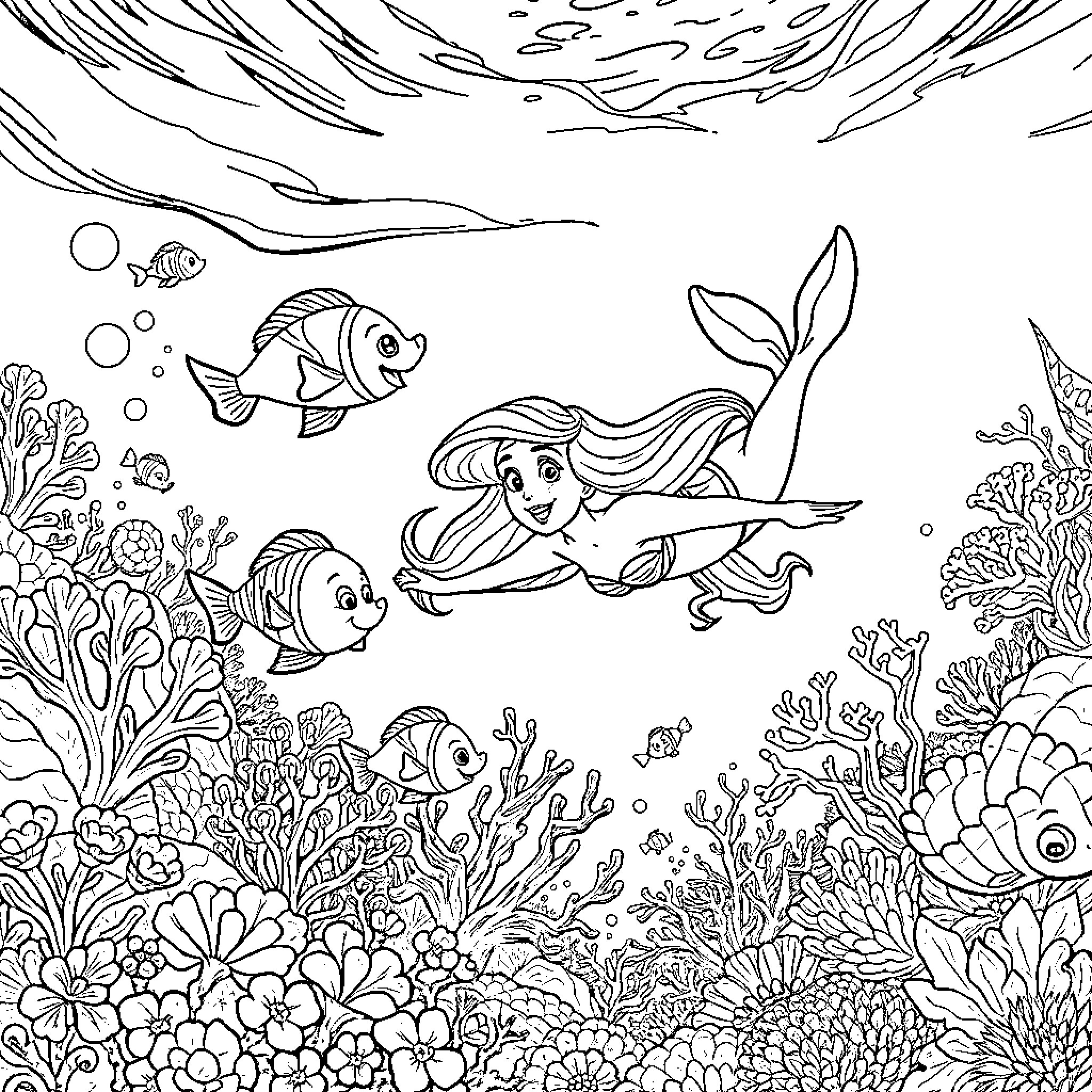 Ariel and Sea Creatures Explore the Underwater World Coloring Page (free black-and-white line drawing printable PDF for all, from beginners to advanced learners, including children, teens, adults, and seniors)