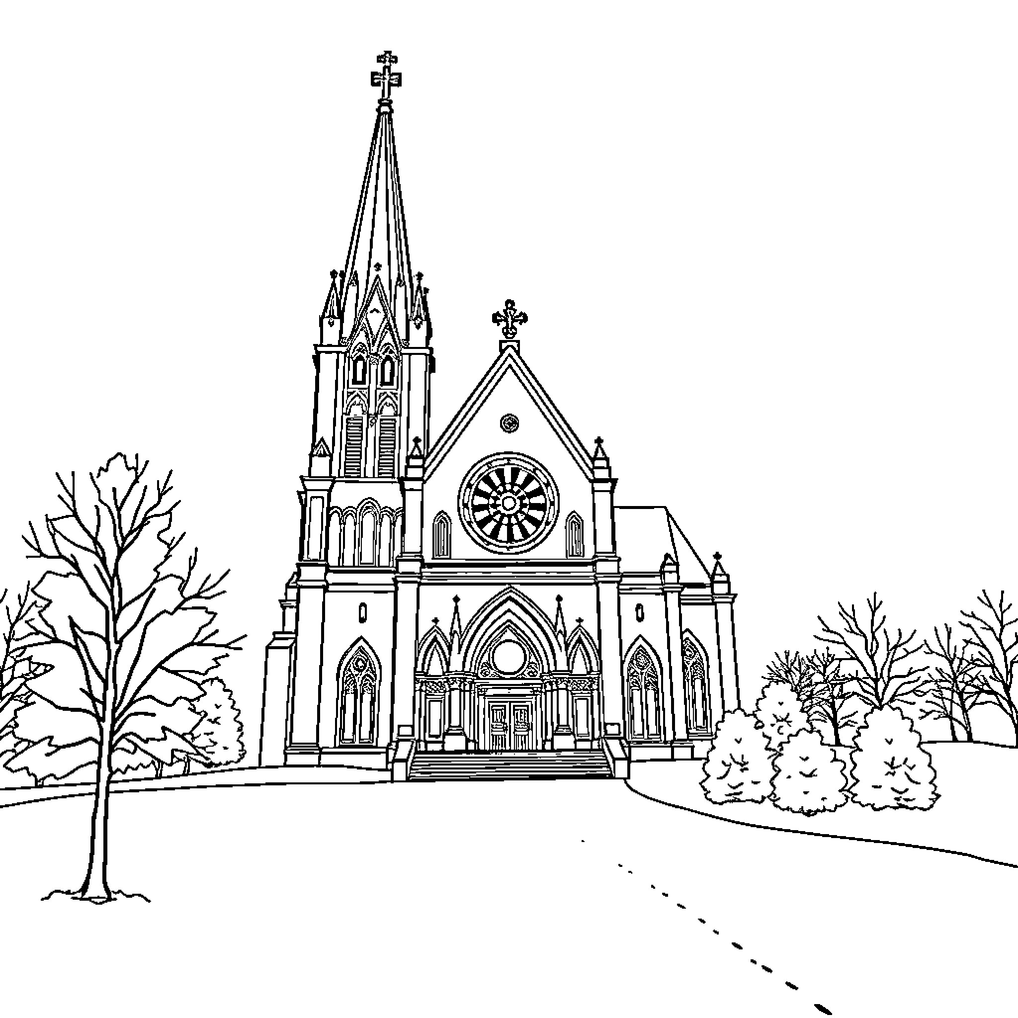 Church with Gothic Architecture and Landscaping Coloring Page (free black-and-white line drawing printable PDF for all, from beginners to advanced learners, including children, teens, adults, and seniors)