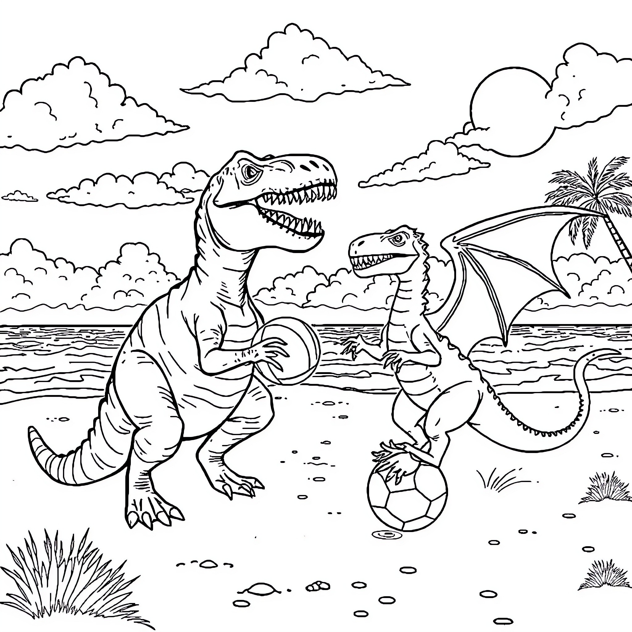 Tyrannosaurus dinosaurs playing on the beach Coloring Page (free black-and-white line drawing printable PDF for all, from beginners to advanced learners, including children, teens, adults, and seniors)