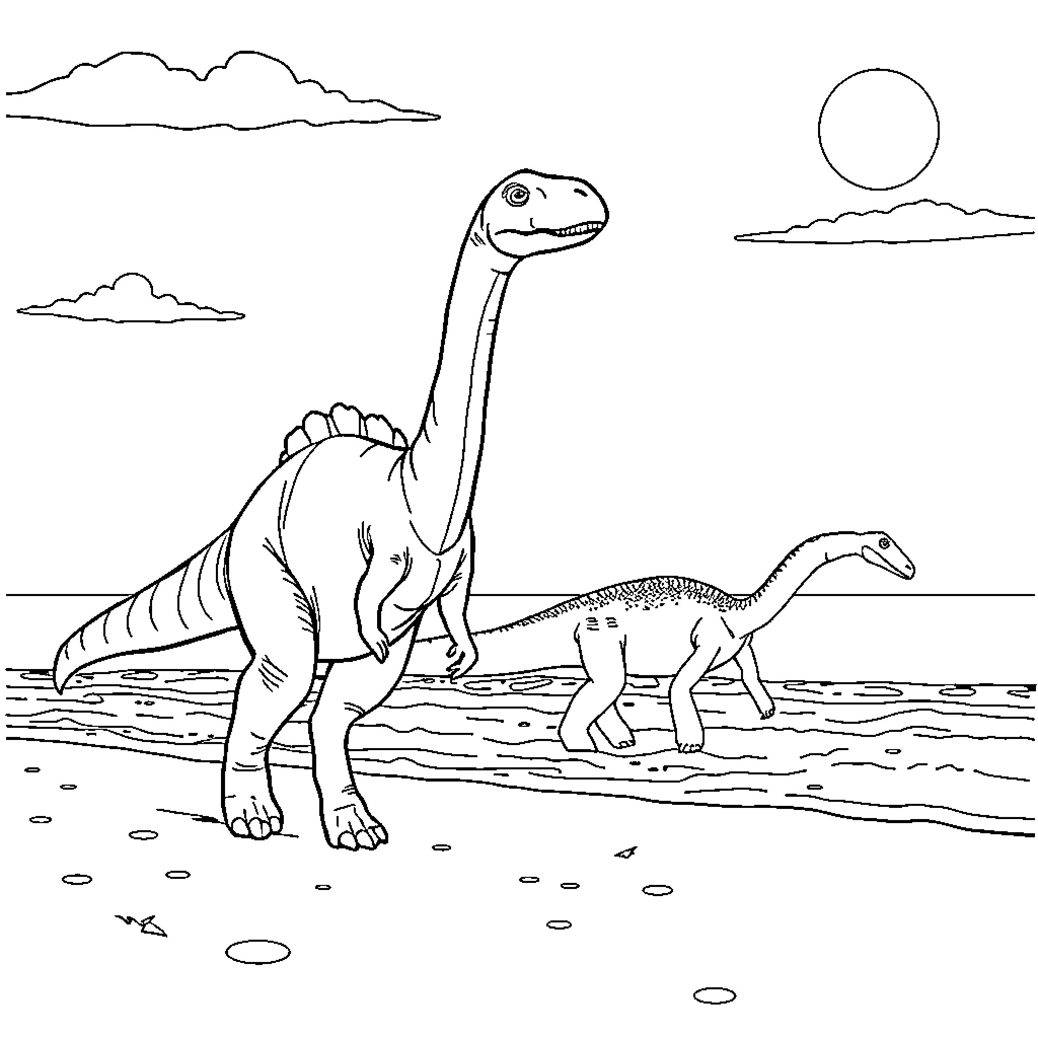 Dinosaurs roaming in prehistoric landscape Coloring Page (free black-and-white line drawing printable PDF for all, from beginners to advanced learners, including children, teens, adults, and seniors)