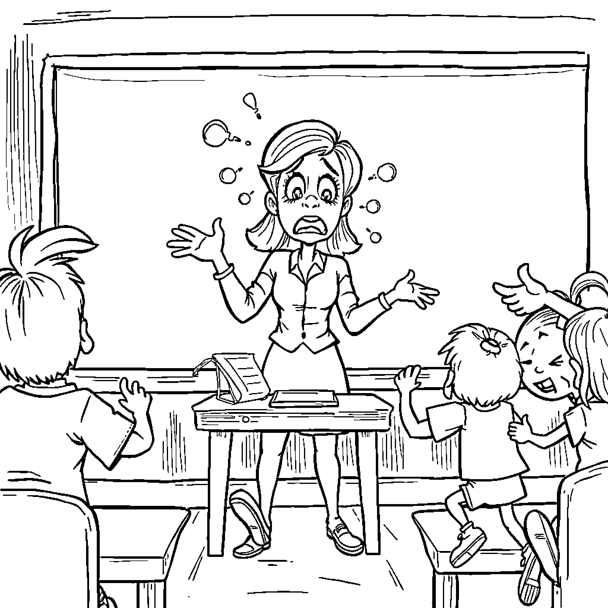 Teacher expressing frustration with lively students in the classroom Coloring Page (free black-and-white line drawing printable PDF for all, from beginners to advanced learners, including children, teens, adults, and seniors)