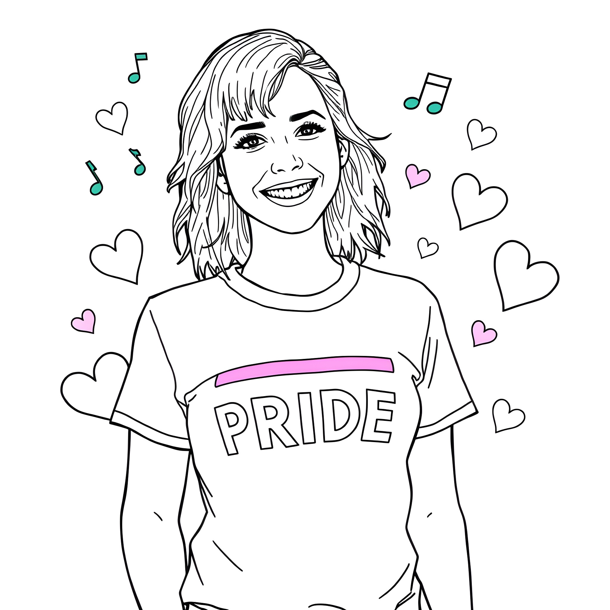 Hayley Williams joyfully celebrating LGBTQ+ pride Coloring Page (free black-and-white line drawing printable PDF for all, from beginners to advanced learners, including children, teens, adults, and seniors)