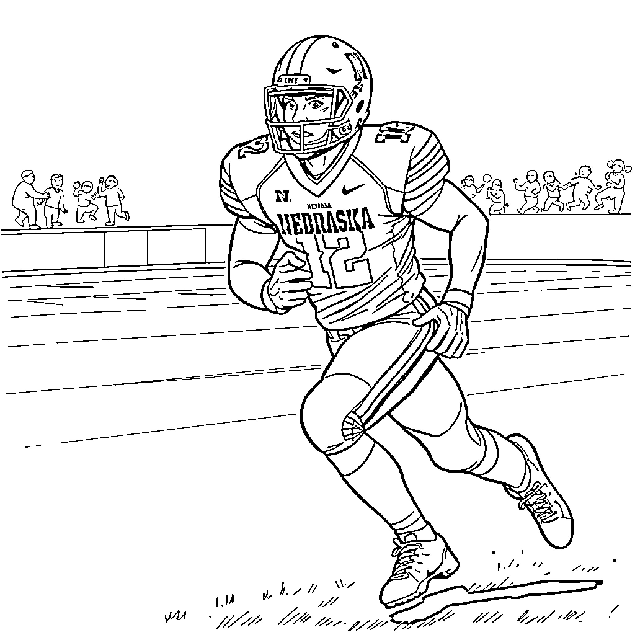 Football Player Sprinting with Determination on the Field Coloring Page (free black-and-white line drawing printable PDF for all, from beginners to advanced learners, including children, teens, adults, and seniors)