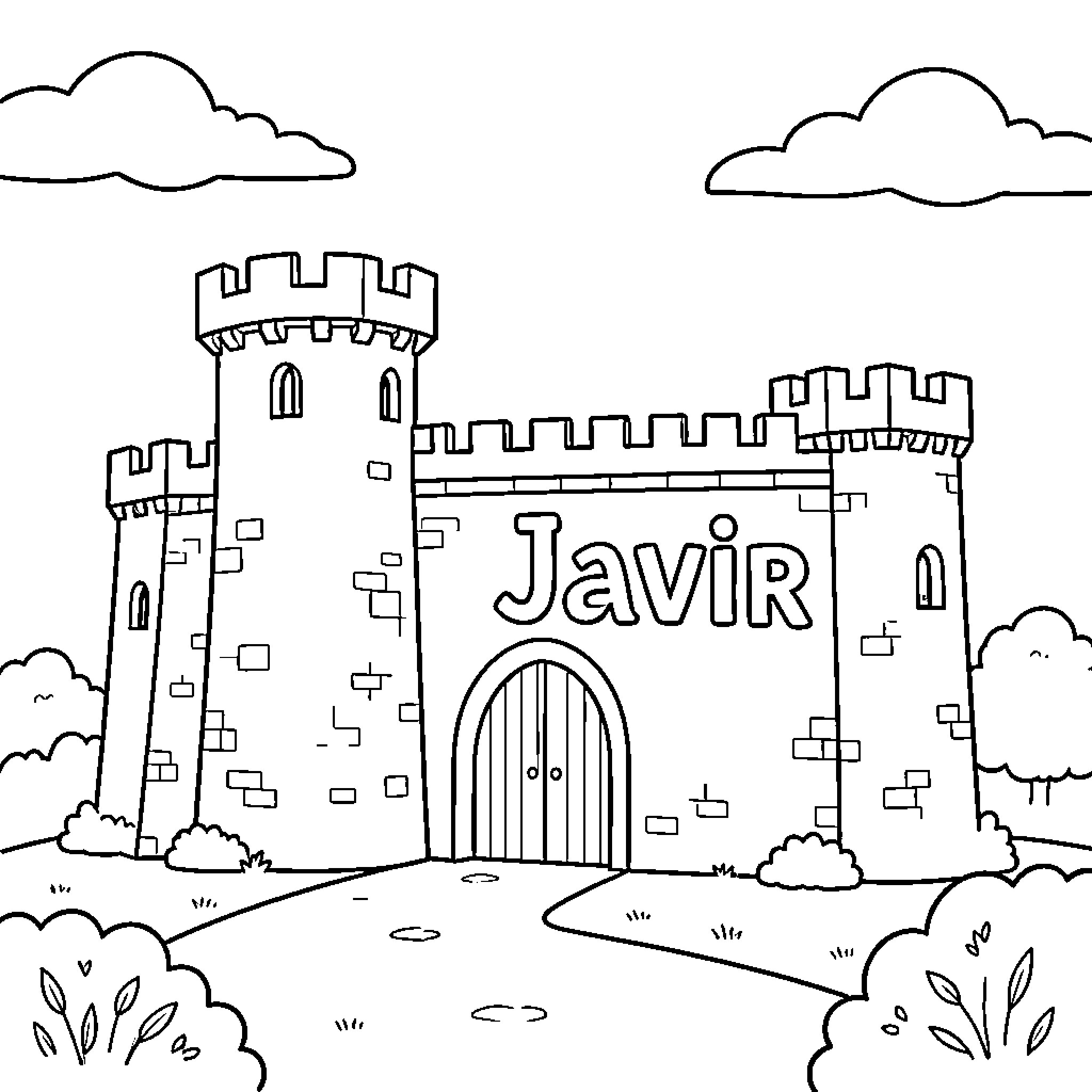Castle with Entrance Featuring the Name Javir Coloring Page (free black-and-white line drawing printable PDF for all, from beginners to advanced learners, including children, teens, adults, and seniors)