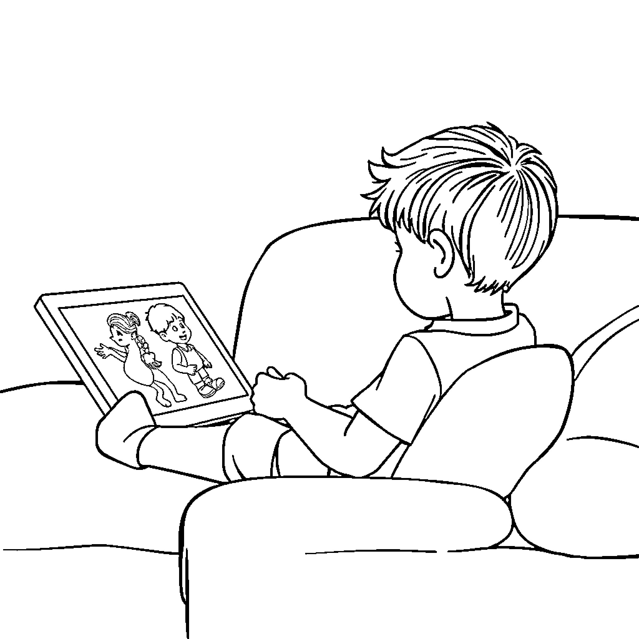 Kid engrossed in digital tablet on sofa Coloring Page (free black-and-white line drawing printable PDF for all, from beginners to advanced learners, including children, teens, adults, and seniors)
