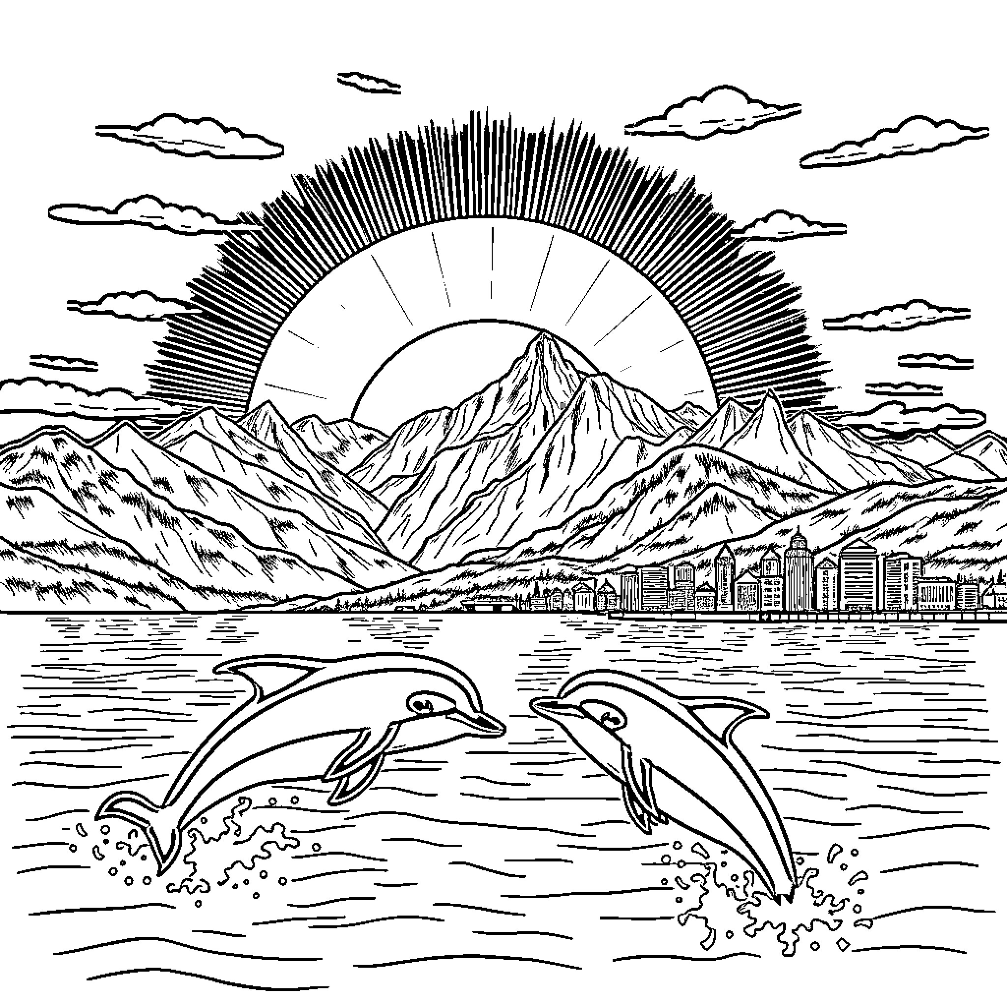 Sunset over the Majestic Mountains and Dolphins Frolicking in the Sea Coloring Page (free black-and-white line drawing printable PDF for all, from beginners to advanced learners, including children, teens, adults, and seniors)