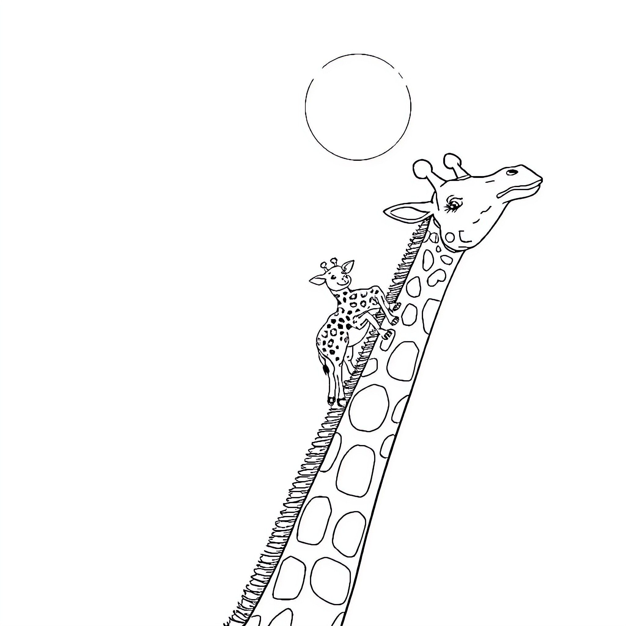 Monkey and Baby Giraffe Reaching for Balloon Coloring Page (free black-and-white line drawing printable PDF for all, from beginners to advanced learners, including children, teens, adults, and seniors)