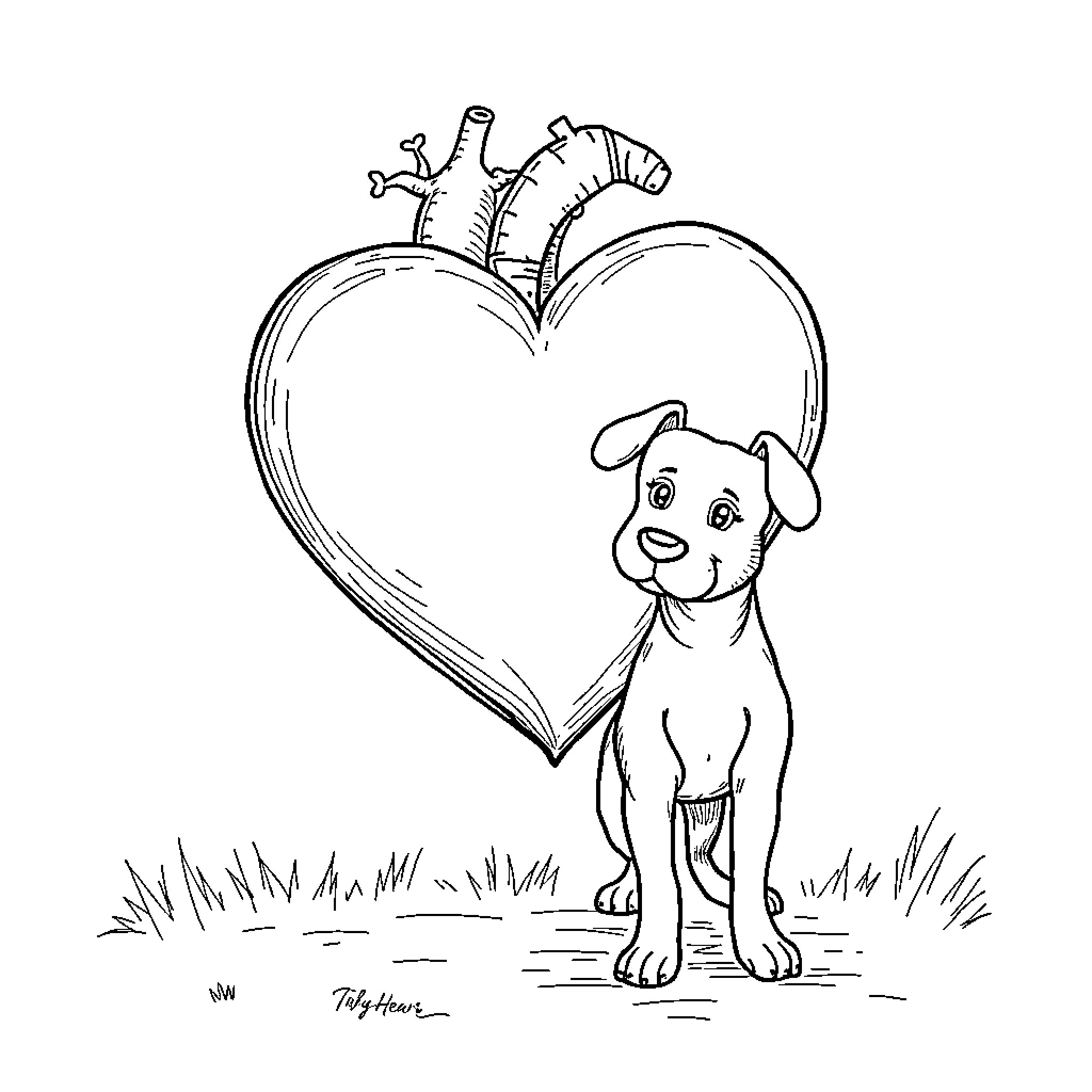 Heart-shaped puppy romping in the park Coloring Page (free black-and-white line drawing printable PDF for all, from beginners to advanced learners, including children, teens, adults, and seniors)