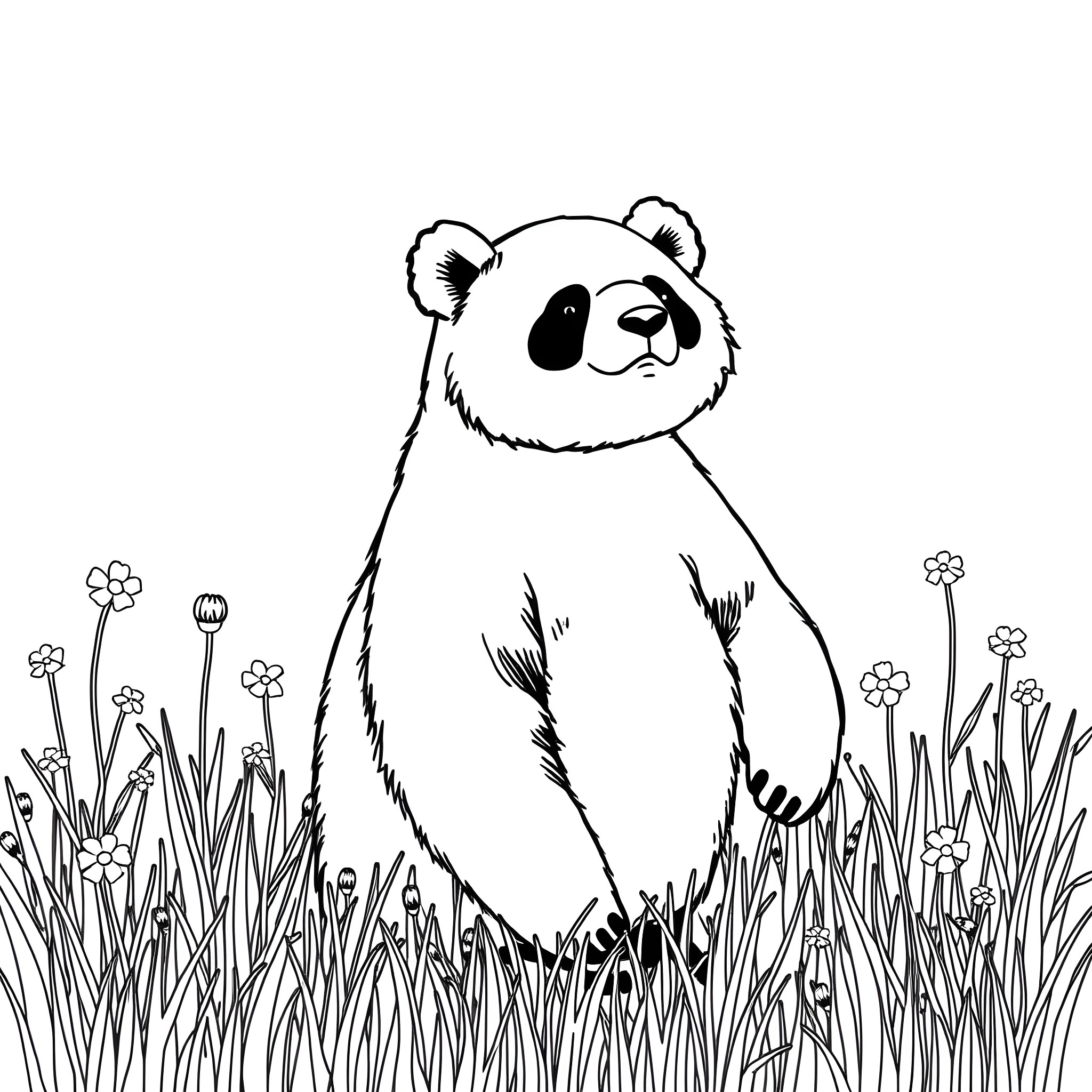 Panda sitting in the flowery field Coloring Page (free black-and-white line drawing printable PDF for all, from beginners to advanced learners, including children, teens, adults, and seniors)