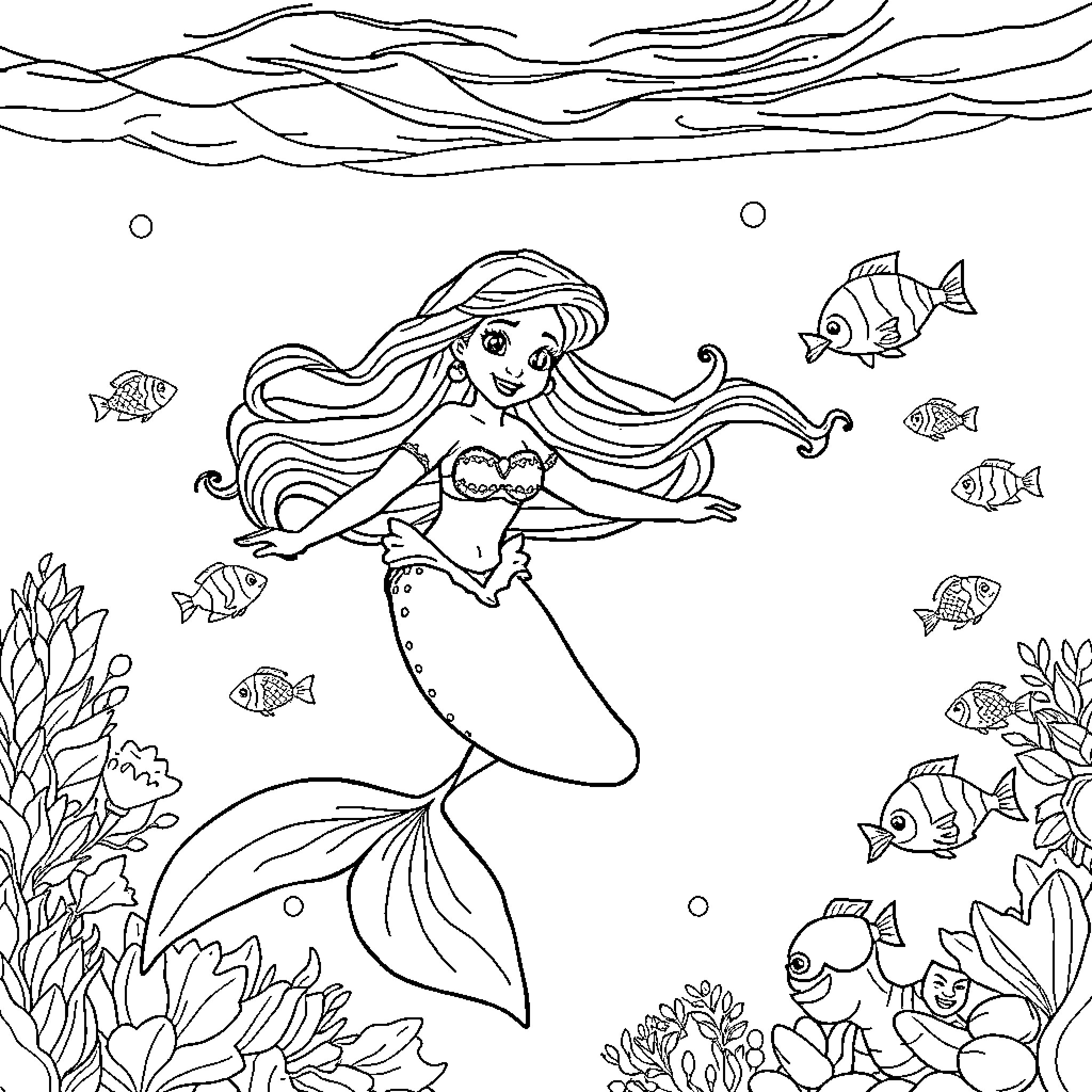 Mermaid swimming through an underwater scene Coloring Page (free black-and-white line drawing printable PDF for all, from beginners to advanced learners, including children, teens, adults, and seniors)