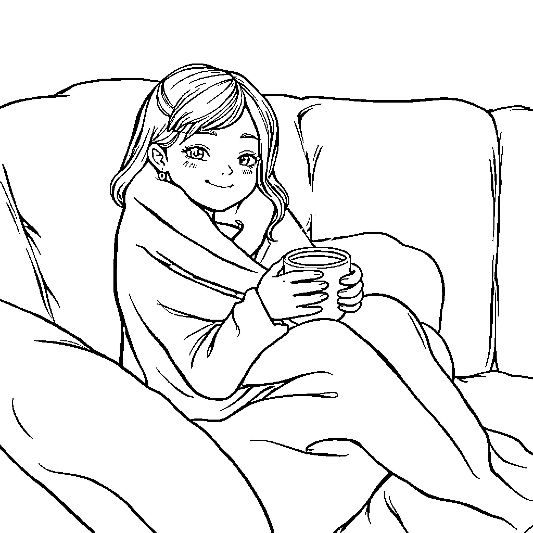 Girl Enjoying a Cozy Moment Coloring Page (free black-and-white line drawing printable PDF for all, from beginners to advanced learners, including children, teens, adults, and seniors)