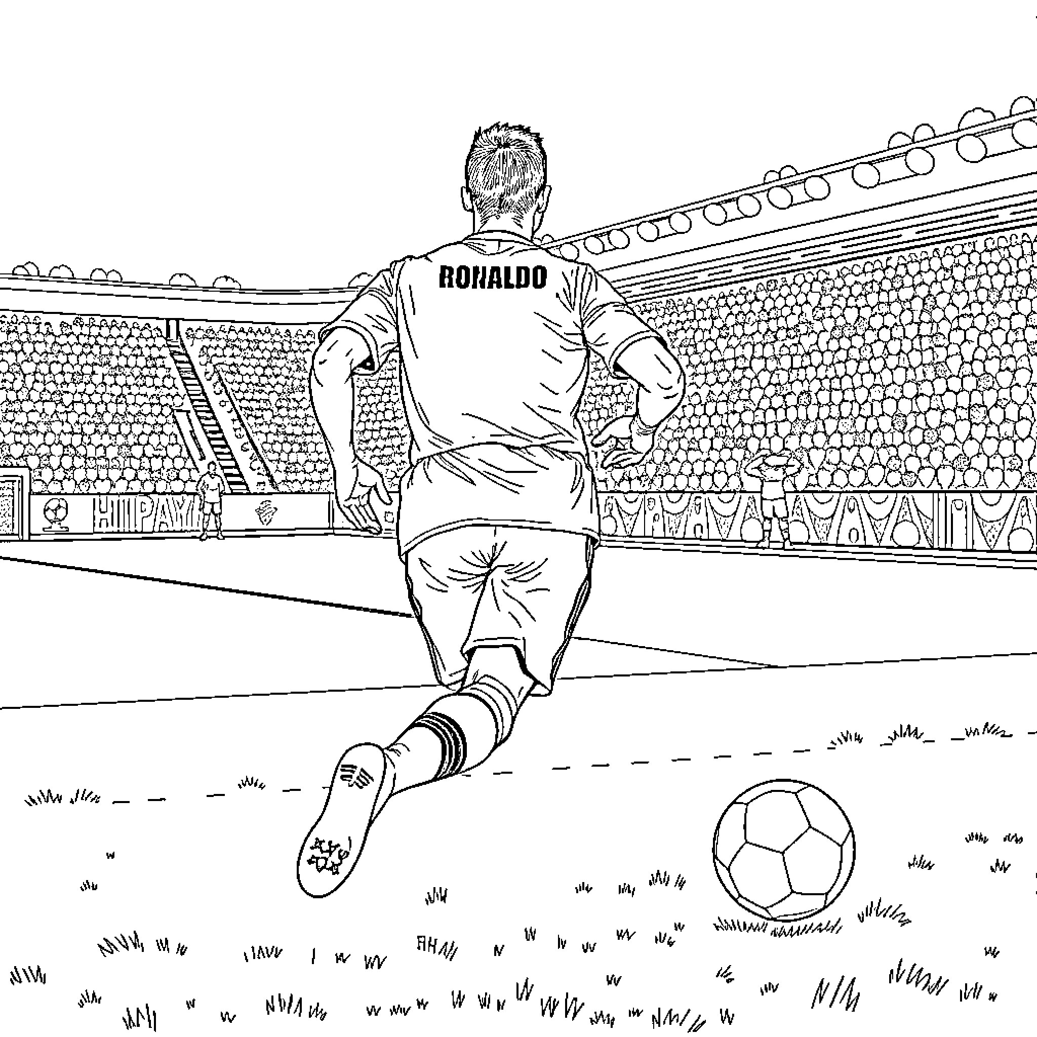 Cristiano Ronaldo playing soccer on the field Coloring Page (free black-and-white line drawing printable PDF for all, from beginners to advanced learners, including children, teens, adults, and seniors)