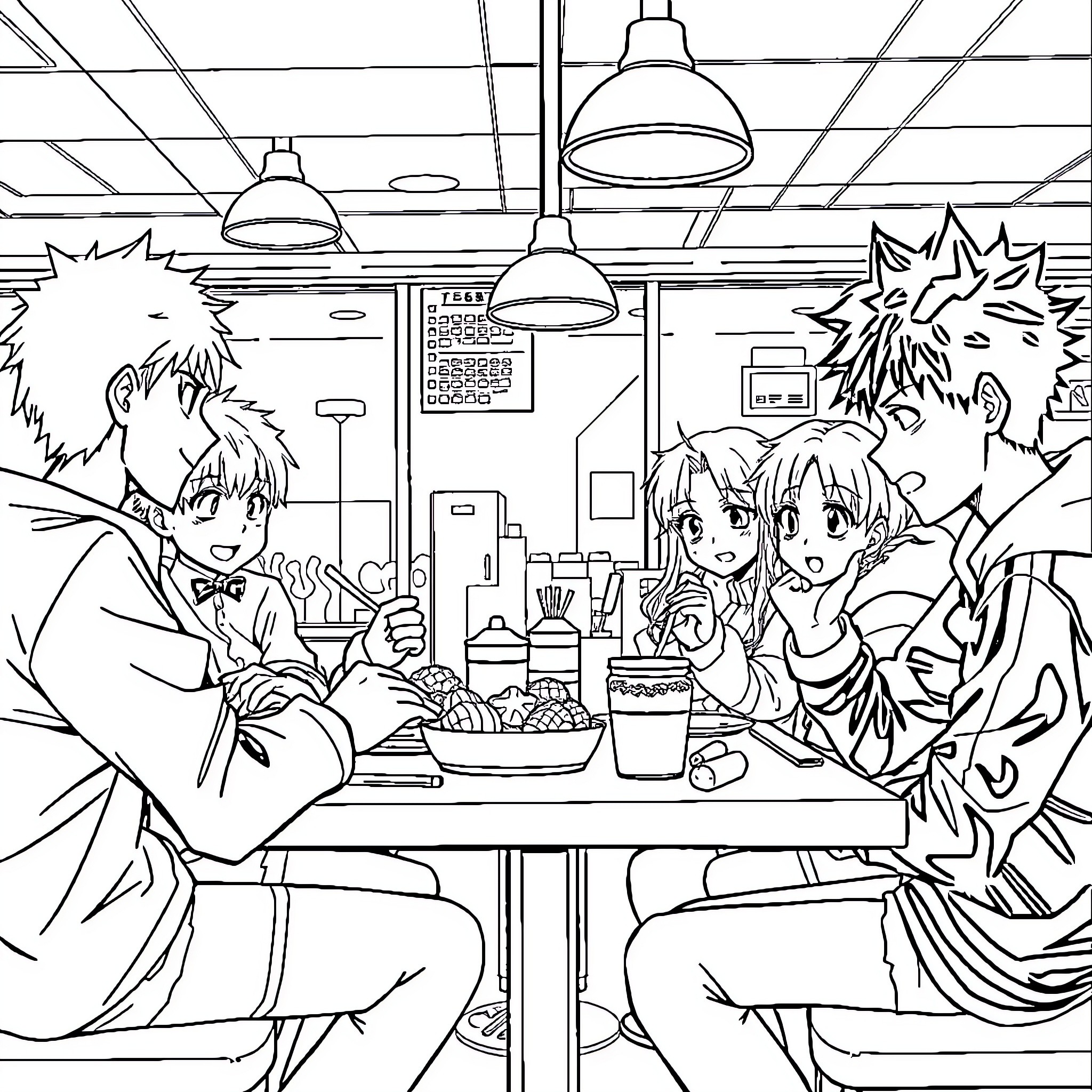 Hero Students Enjoying Snacks in Lively Cafeteria Coloring Page (free black-and-white line drawing printable PDF for all, from beginners to advanced learners, including children, teens, adults, and seniors)