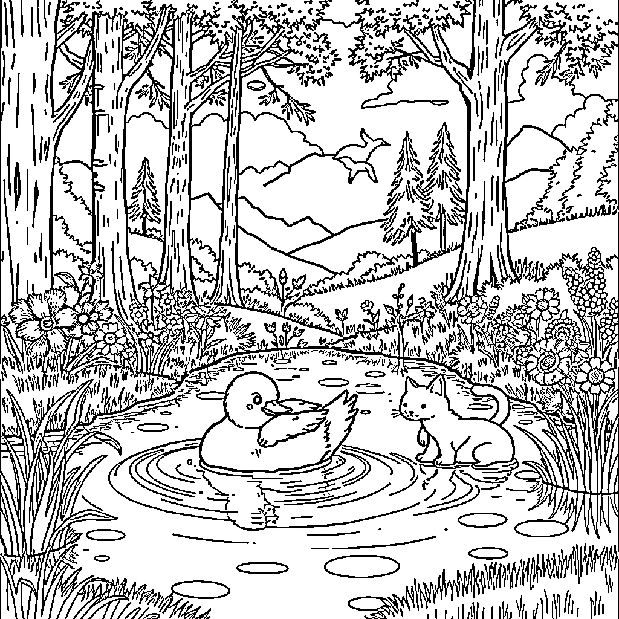 Duck swimming in peaceful forest pond Coloring Page (free black-and-white line drawing printable PDF for all, from beginners to advanced learners, including children, teens, adults, and seniors)