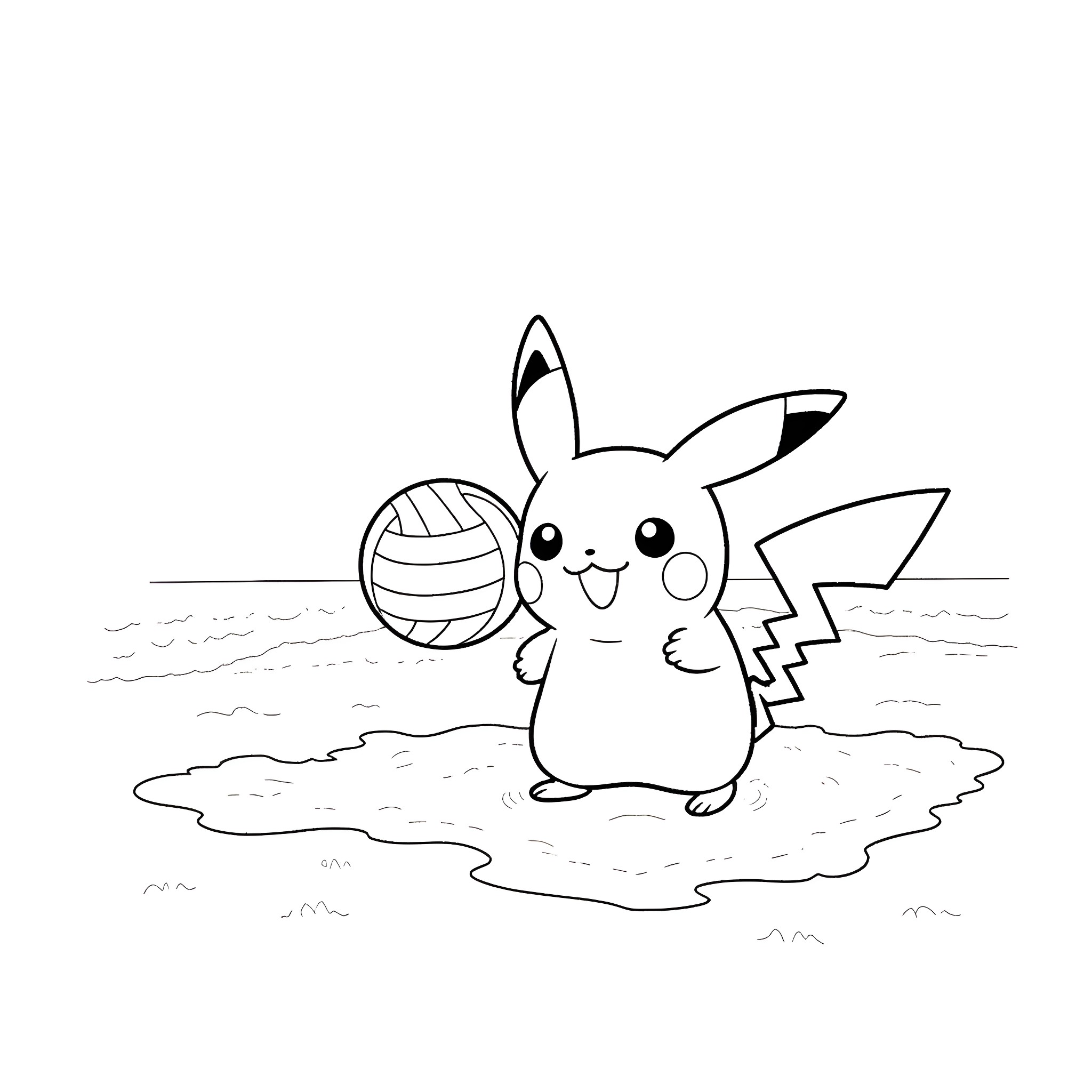 Pikachu playing happily with a volleyball on the beach Coloring Page (free black-and-white line drawing printable PDF for all, from beginners to advanced learners, including children, teens, adults, and seniors)