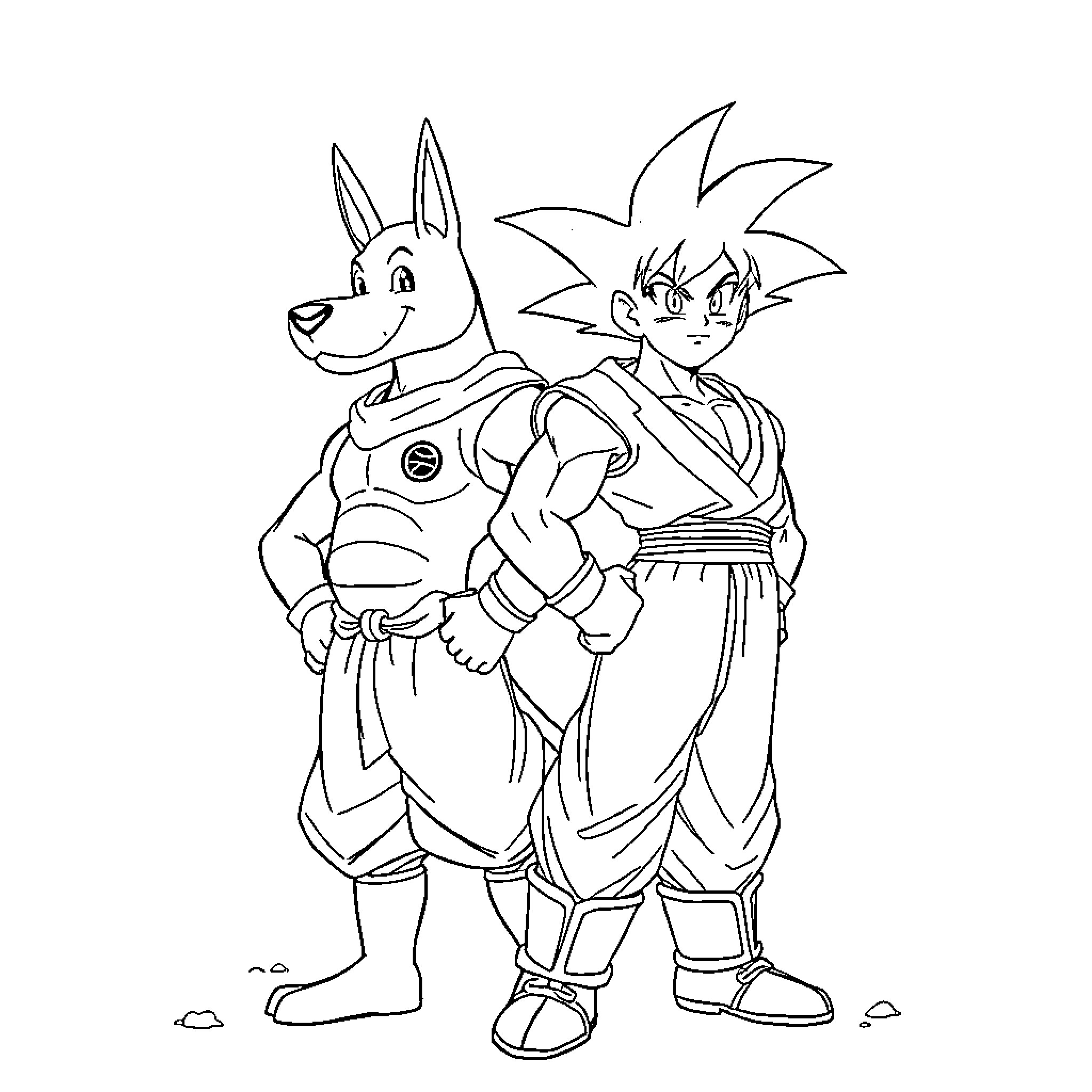 Dogman and his companion hero exploring the world Coloring Page (free black-and-white line drawing printable PDF for all, from beginners to advanced learners, including children, teens, adults, and seniors)