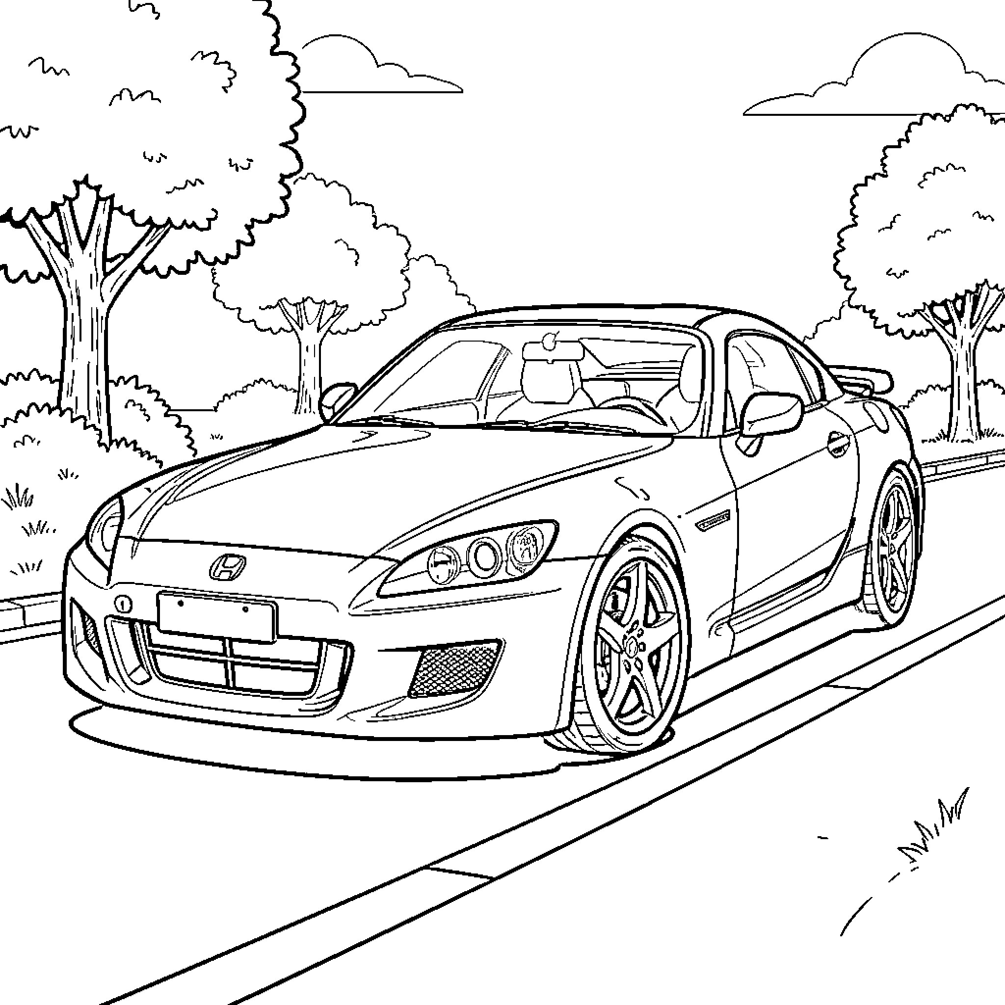 Honda S2000 speeding along a countryside road Coloring Page (free black-and-white line drawing printable PDF for all, from beginners to advanced learners, including children, teens, adults, and seniors)