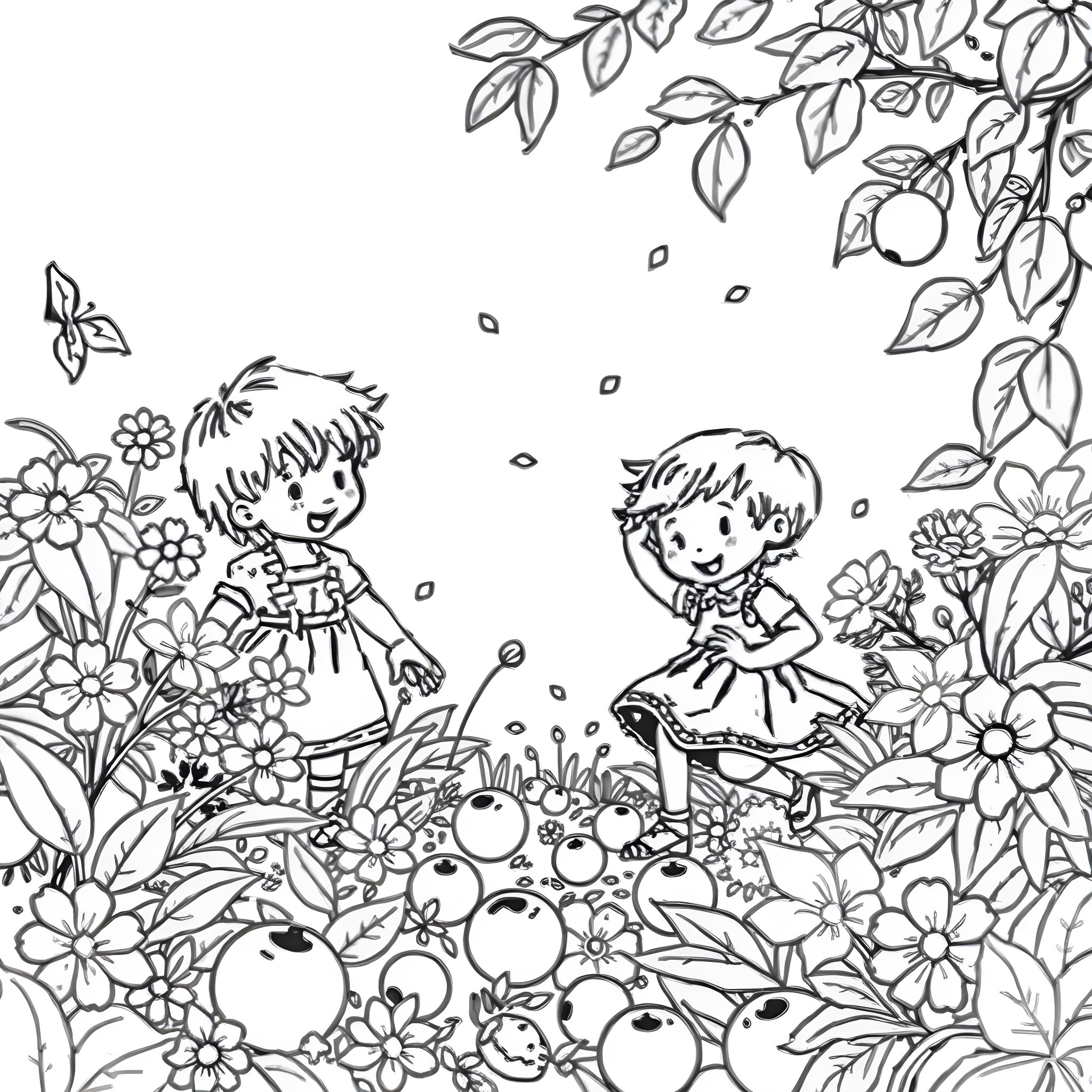 Child enjoying flowers and nature together Coloring Page (free black-and-white line drawing printable PDF for all, from beginners to advanced learners, including children, teens, adults, and seniors)