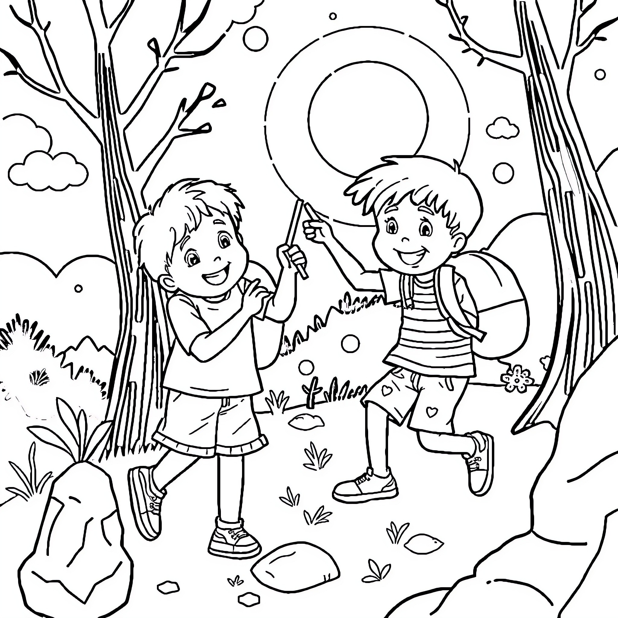 Kids exploring nature with excitement Coloring Page (free black-and-white line drawing printable PDF for all, from beginners to advanced learners, including children, teens, adults, and seniors)