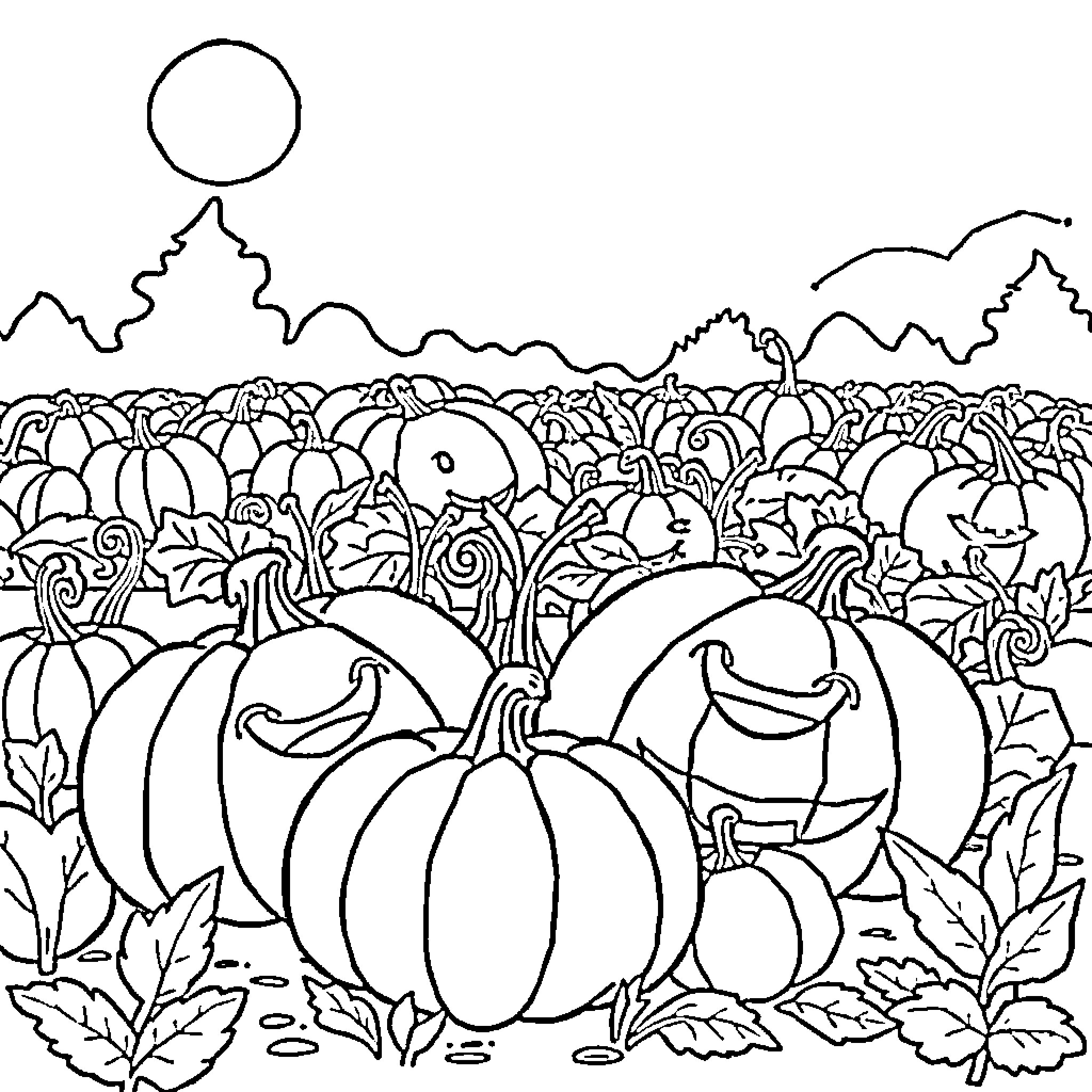 Pumpkins in a Vibrant Fall Landscape Coloring Page (free black-and-white line drawing printable PDF for all, from beginners to advanced learners, including children, teens, adults, and seniors)