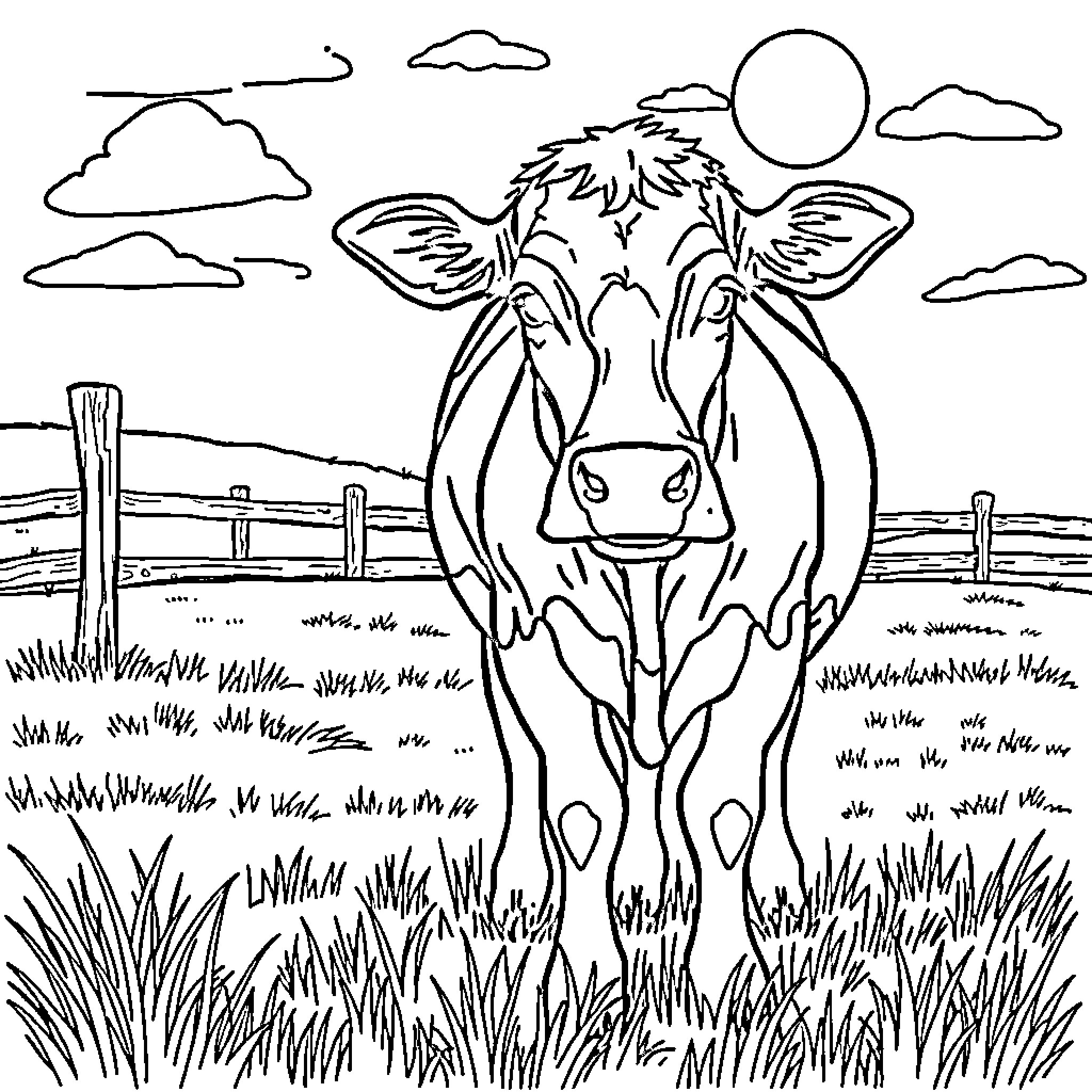 Cow standing in a grassy field under the sun Coloring Page (free black-and-white line drawing printable PDF for all, from beginners to advanced learners, including children, teens, adults, and seniors)