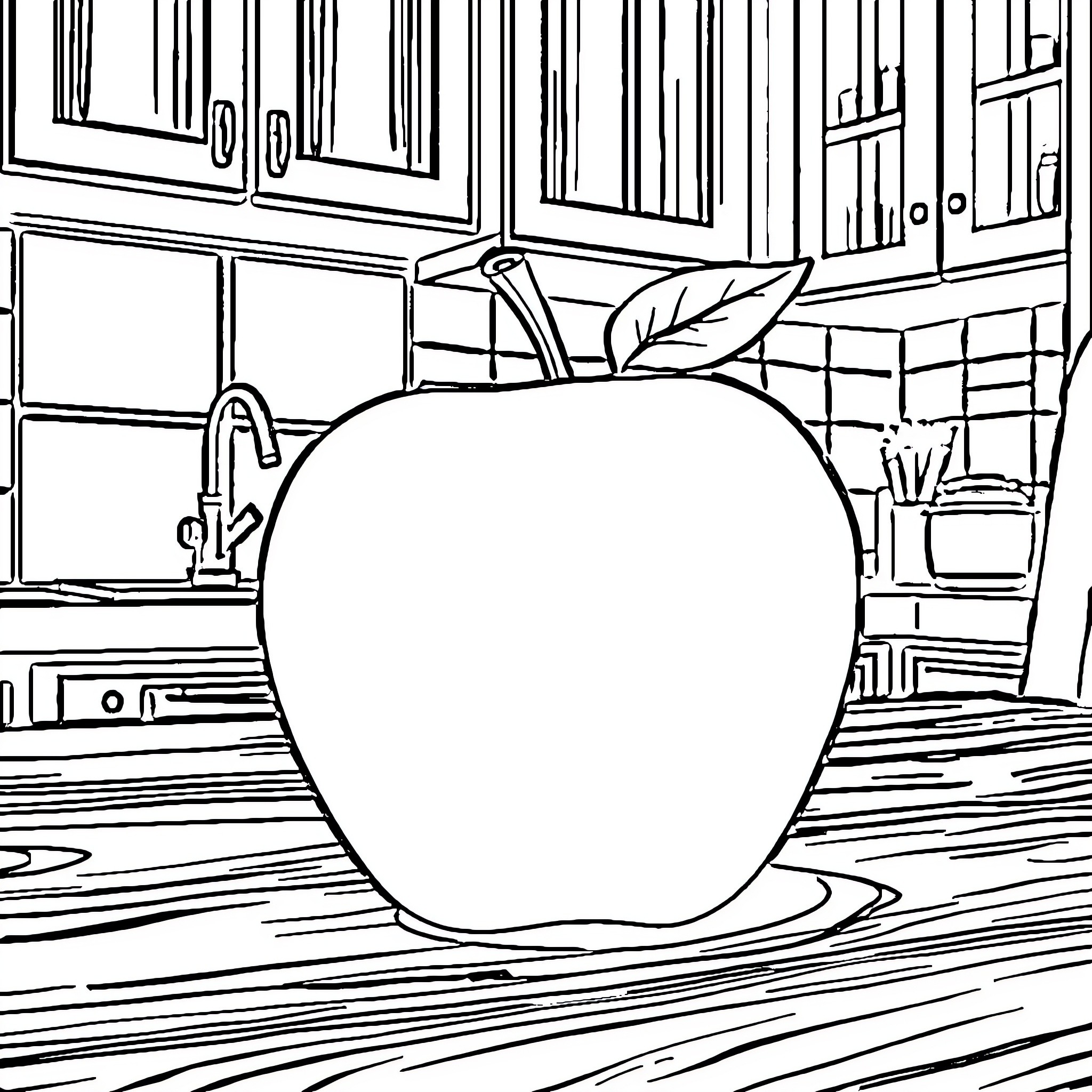 Apple in a Kitchen Setting Coloring Page (free black-and-white line drawing printable PDF for all, from beginners to advanced learners, including children, teens, adults, and seniors)