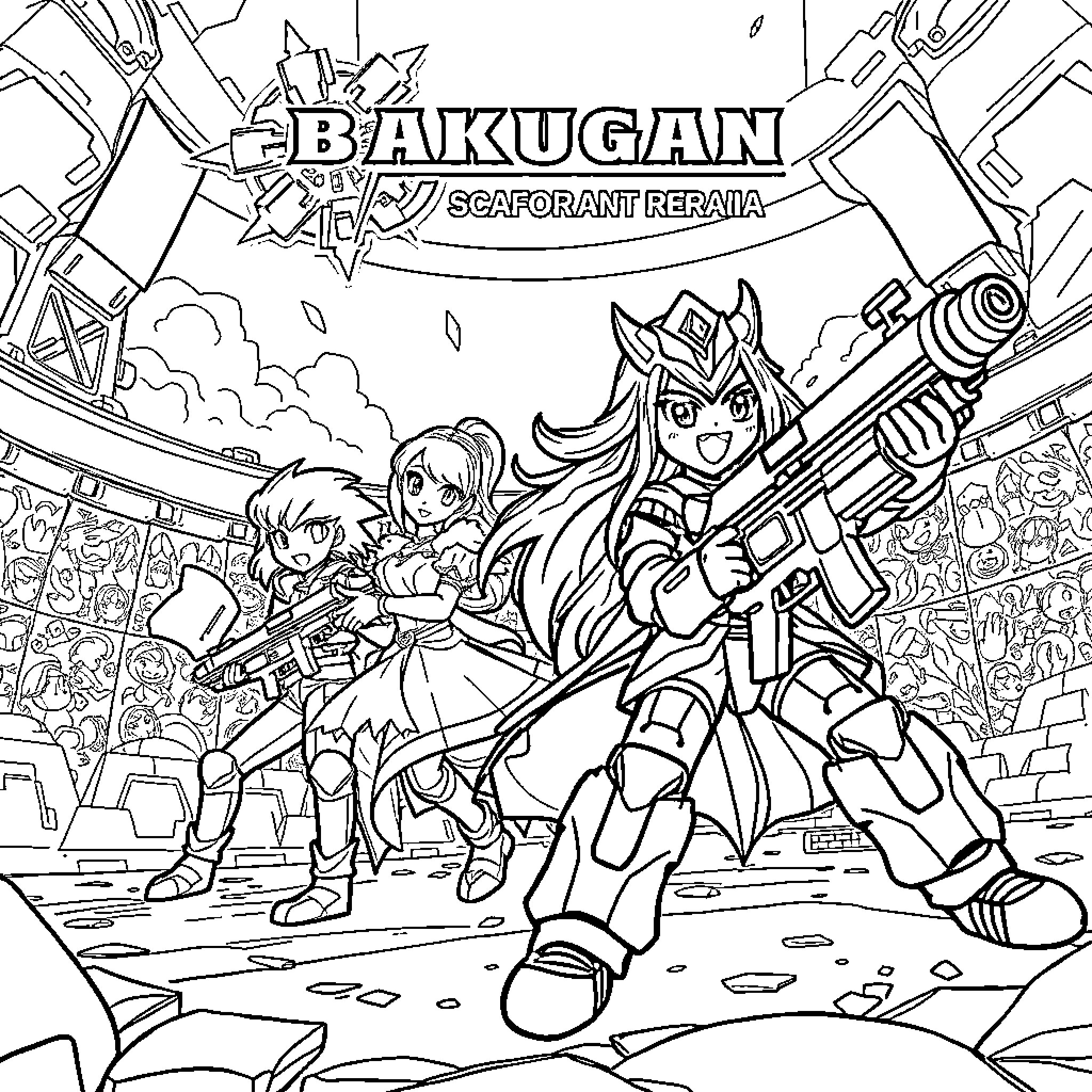 Bakugan characters in action-packed battle scene Coloring Page (free black-and-white line drawing printable PDF for all, from beginners to advanced learners, including children, teens, adults, and seniors)