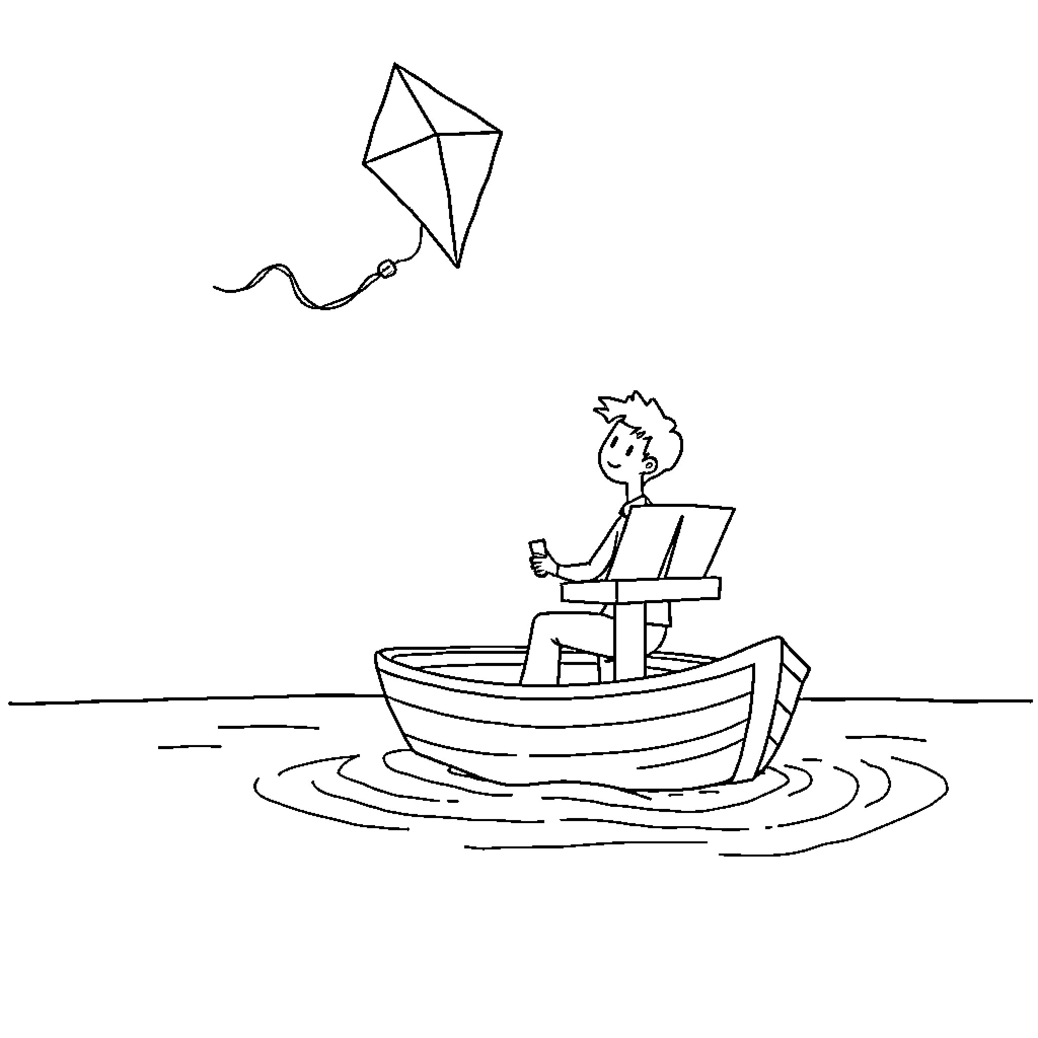 Piano Player Floating on a Boat with a Kite Coloring Page (free black-and-white line drawing printable PDF for all, from beginners to advanced learners, including children, teens, adults, and seniors)