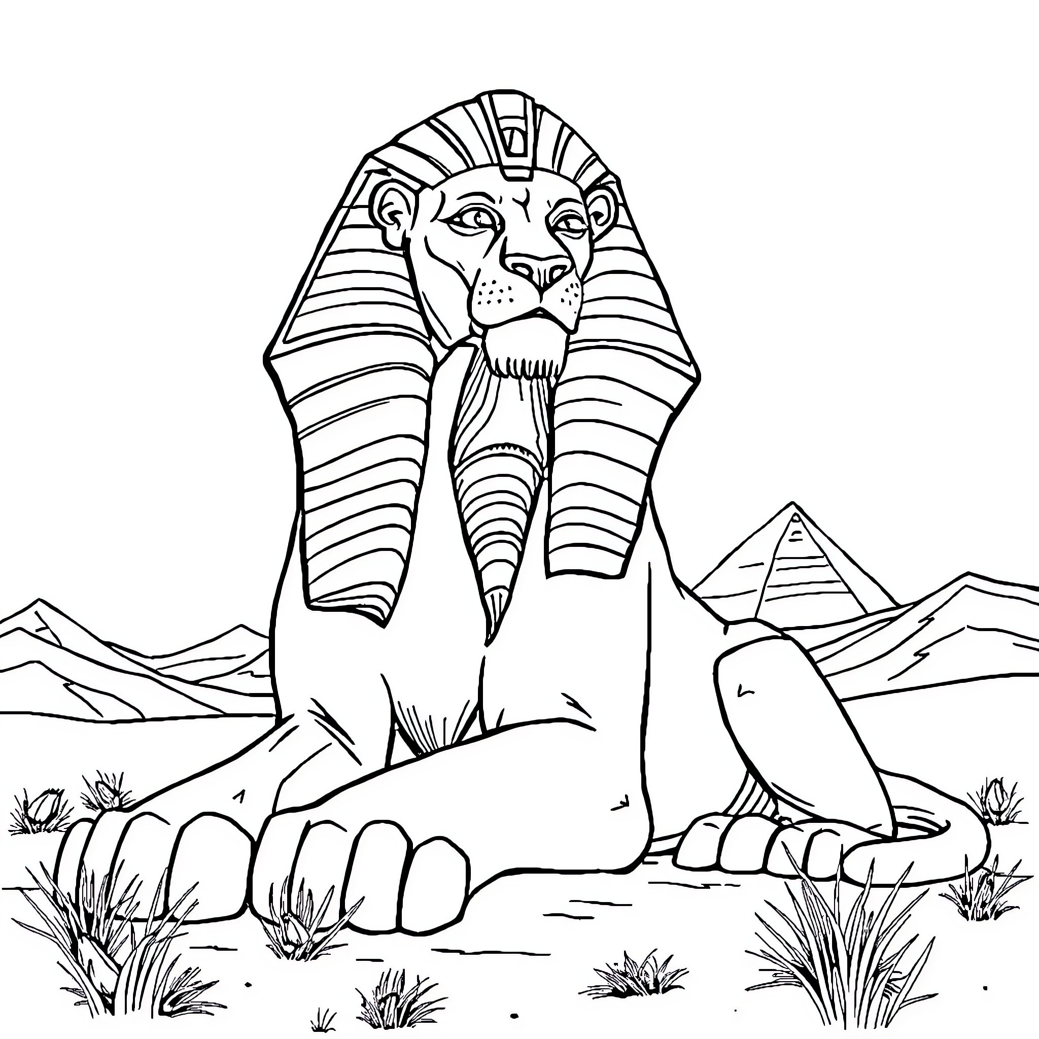 Sphinx guardian overlooking Egyptian landscape Coloring Page (free black-and-white line drawing printable PDF for all, from beginners to advanced learners, including children, teens, adults, and seniors)