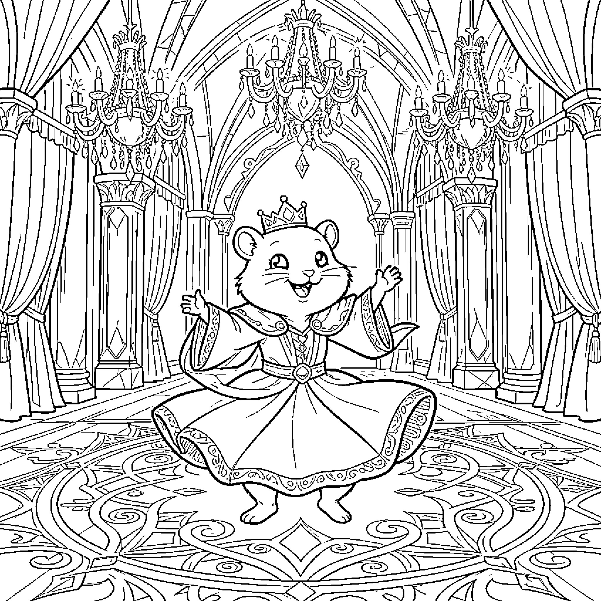 Hamster wearing a crown and dancing in a ballroom Coloring Page (free black-and-white line drawing printable PDF for all, from beginners to advanced learners, including children, teens, adults, and seniors)