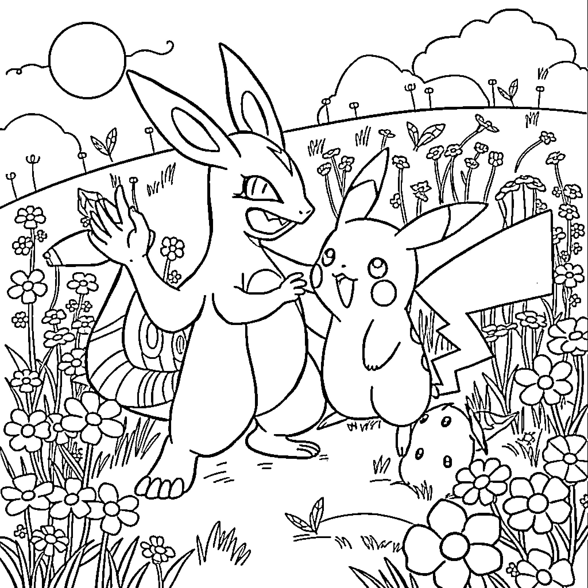 Pokémon characters exploring a flowery landscape Coloring Page (free black-and-white line drawing printable PDF for all, from beginners to advanced learners, including children, teens, adults, and seniors)