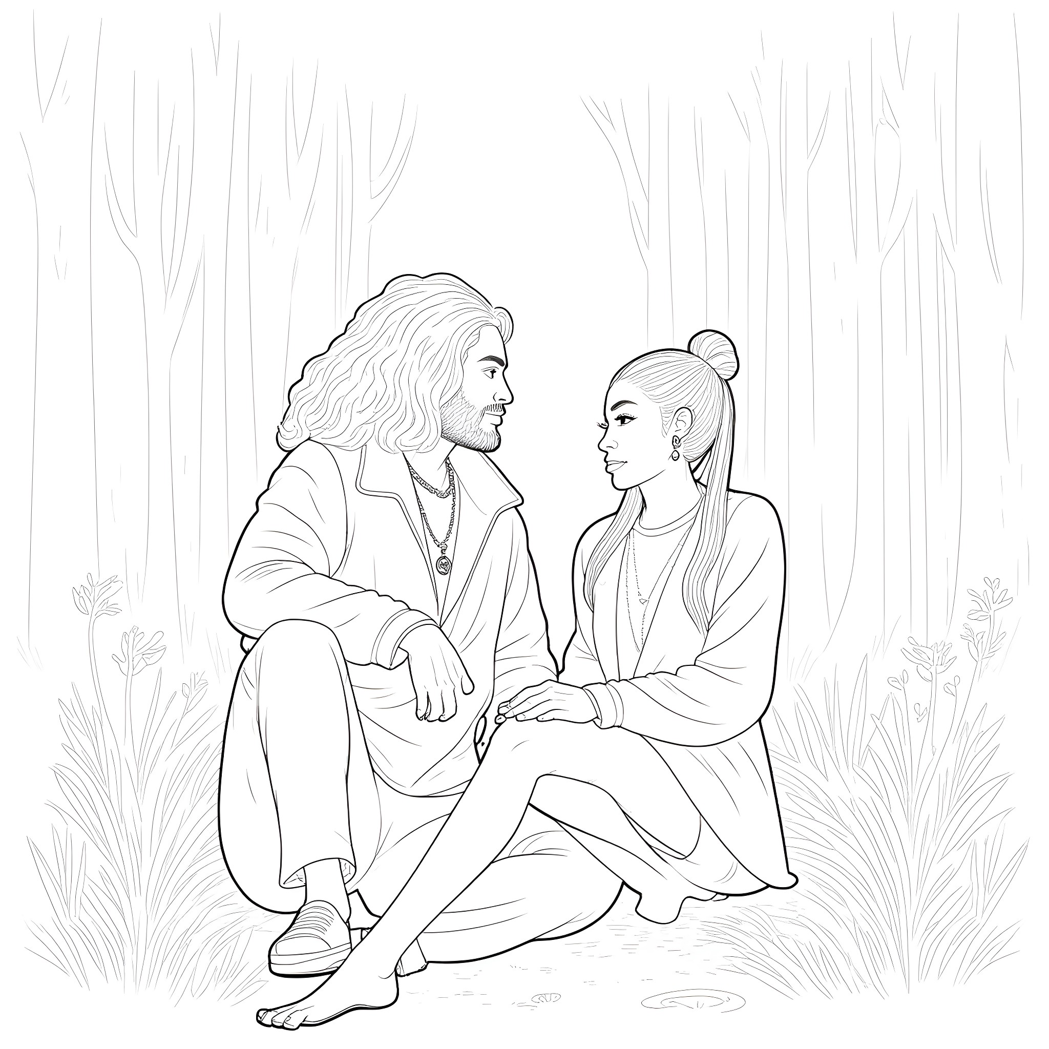 Jason Momoa sharing a tender moment with a young woman Coloring Page (free black-and-white line drawing printable PDF for all, from beginners to advanced learners, including children, teens, adults, and seniors)