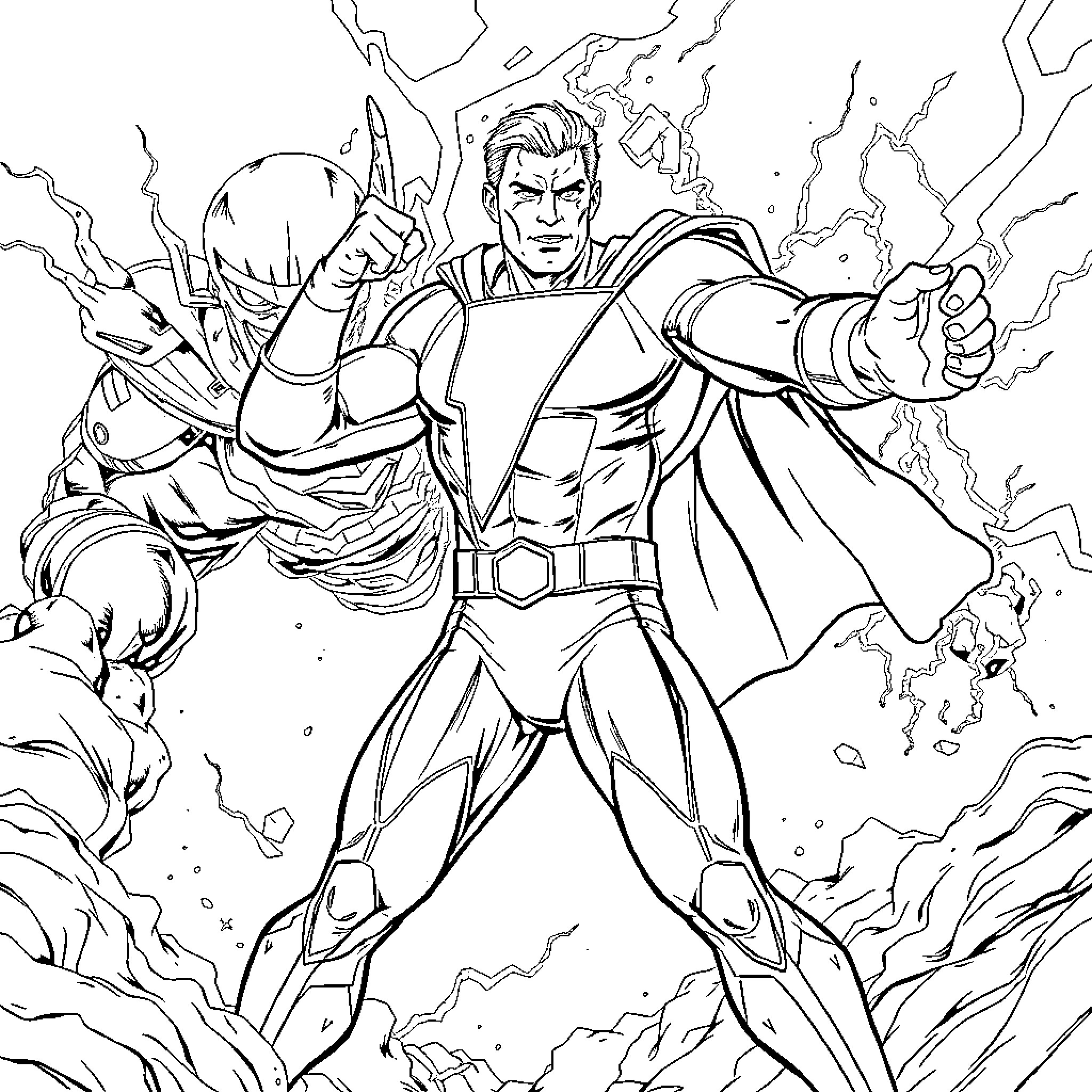 Shazam wielding lightning in a powerful stance Coloring Page (free black-and-white line drawing printable PDF for all, from beginners to advanced learners, including children, teens, adults, and seniors)