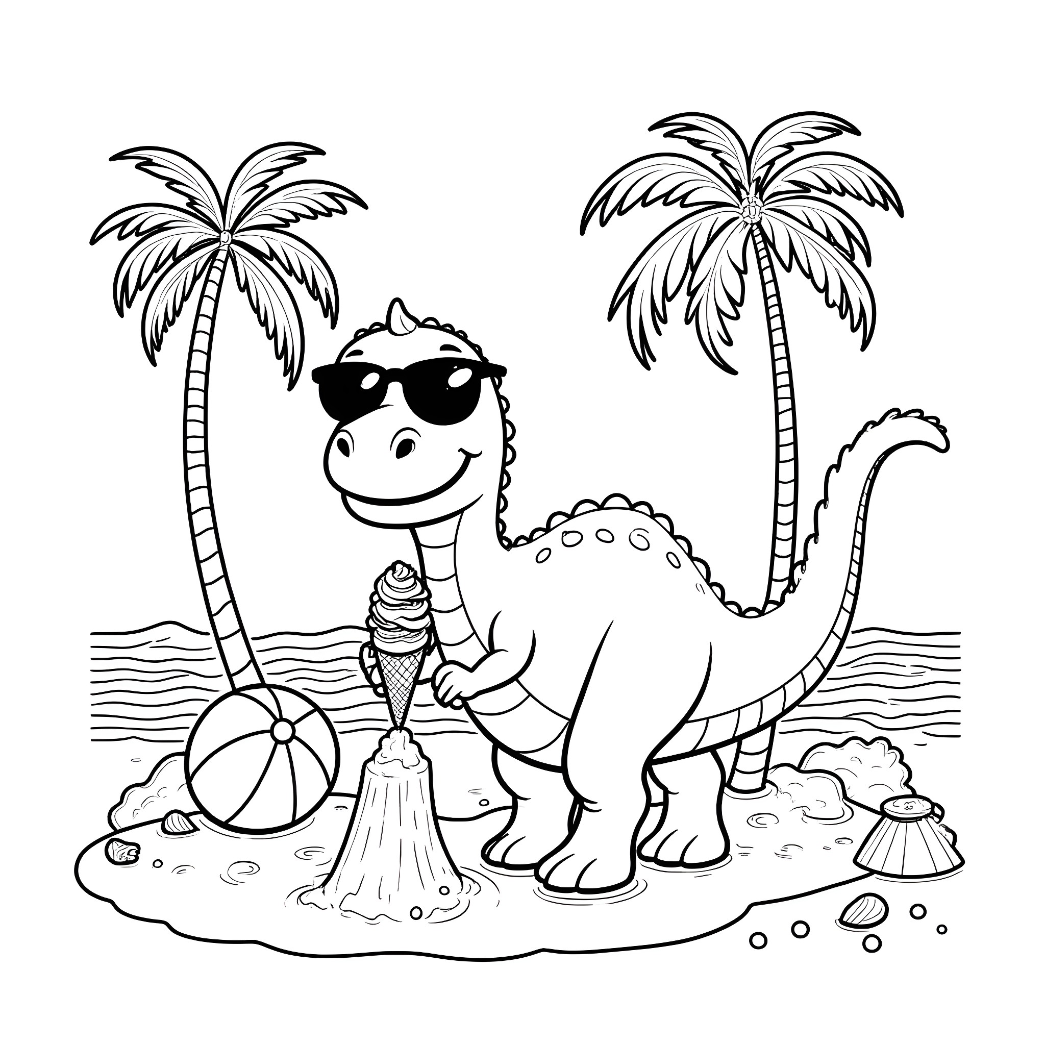 Dinosaur enjoying a tropical vacation on the beach Coloring Page (free black-and-white line drawing printable PDF for all, from beginners to advanced learners, including children, teens, adults, and seniors)