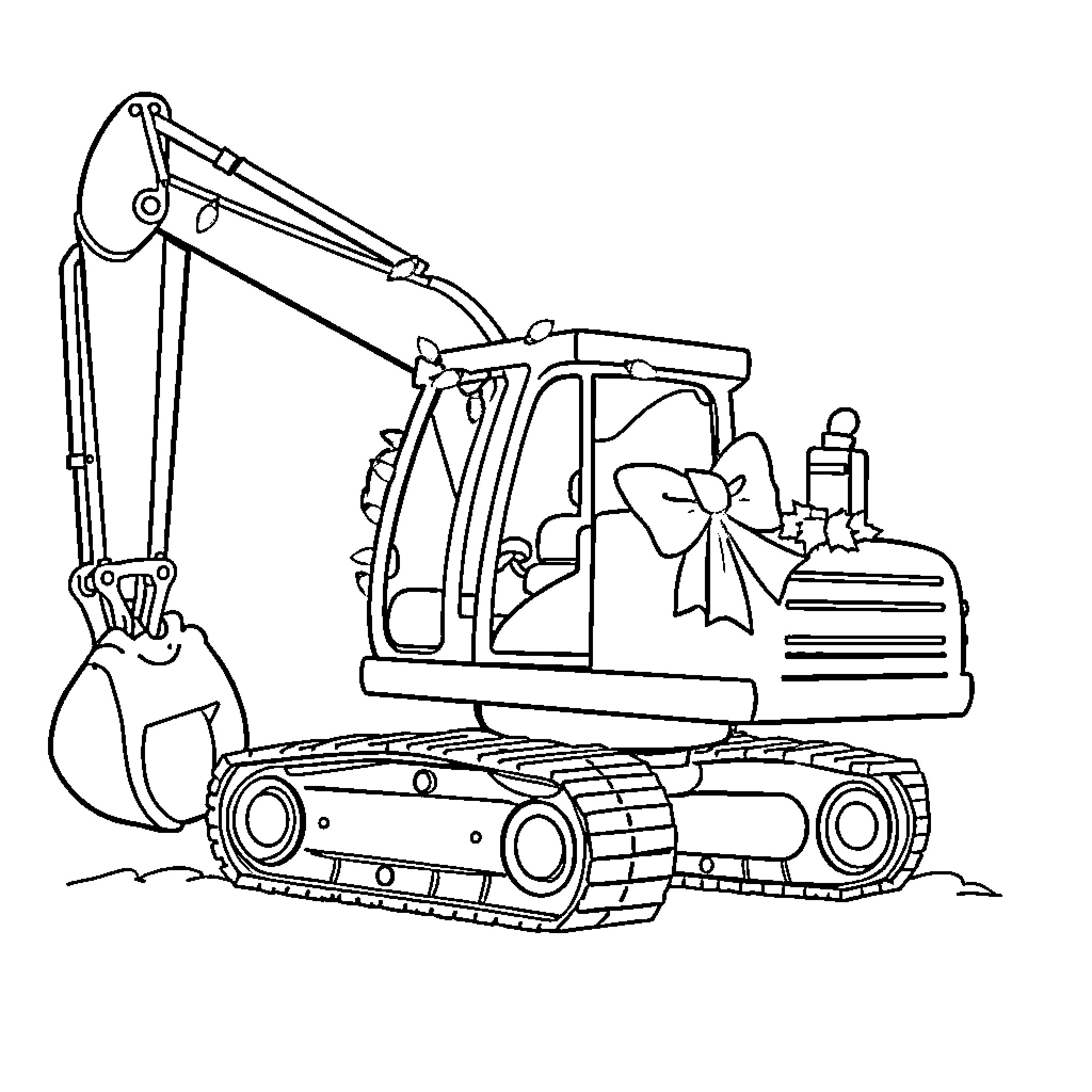 Excavator Equipped with Holiday Decorations Coloring Page (free black-and-white line drawing printable PDF for all, from beginners to advanced learners, including children, teens, adults, and seniors)