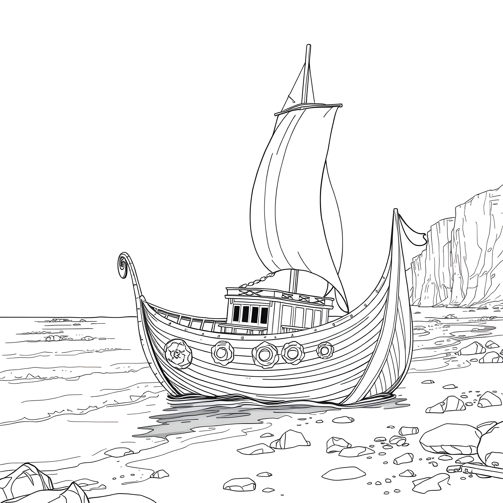 Ship sailing through a rocky coastal landscape Coloring Page (free black-and-white line drawing printable PDF for all, from beginners to advanced learners, including children, teens, adults, and seniors)